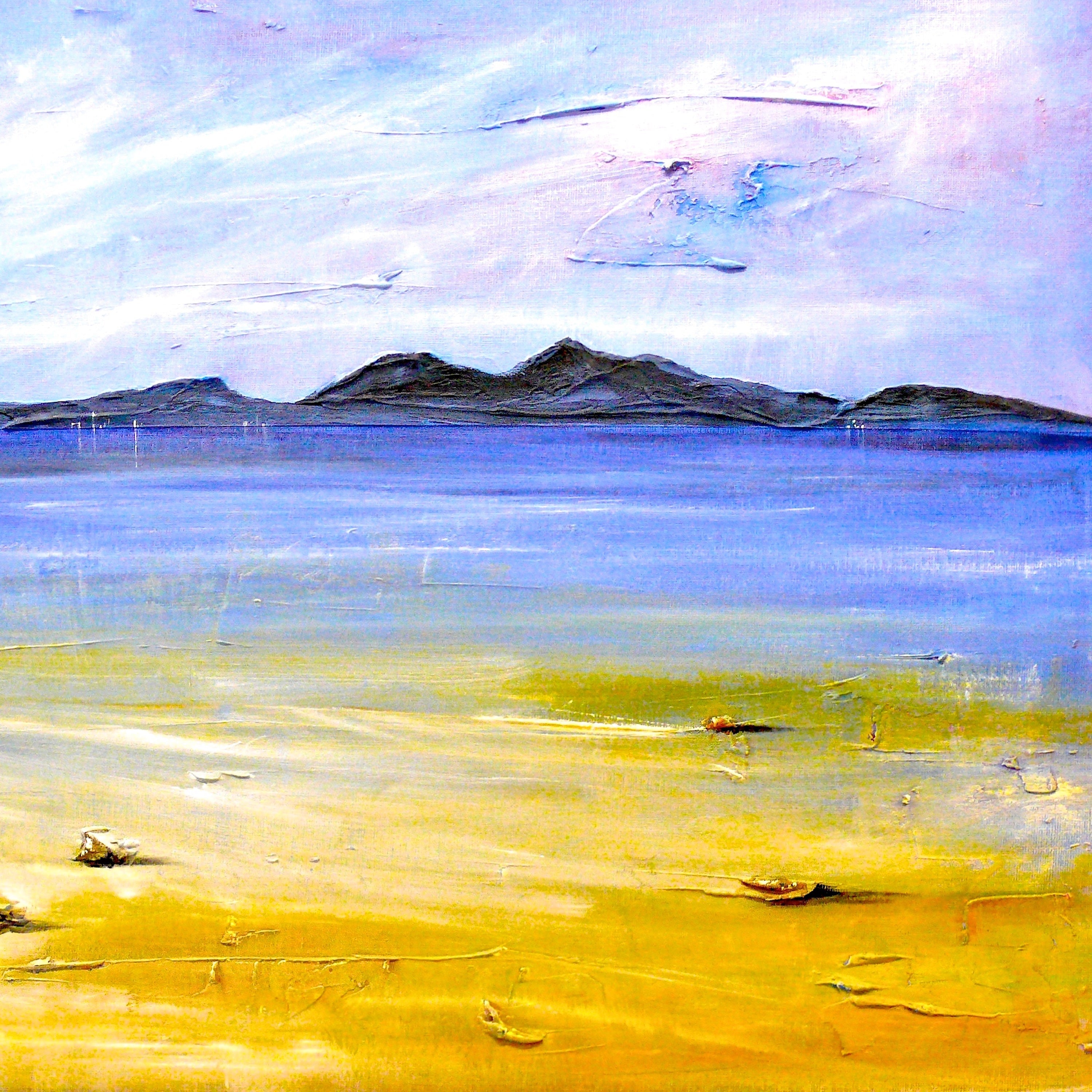 Oil painting of Camusdarach Beach Arisaig Scotland with calm blue sea and distant mountains