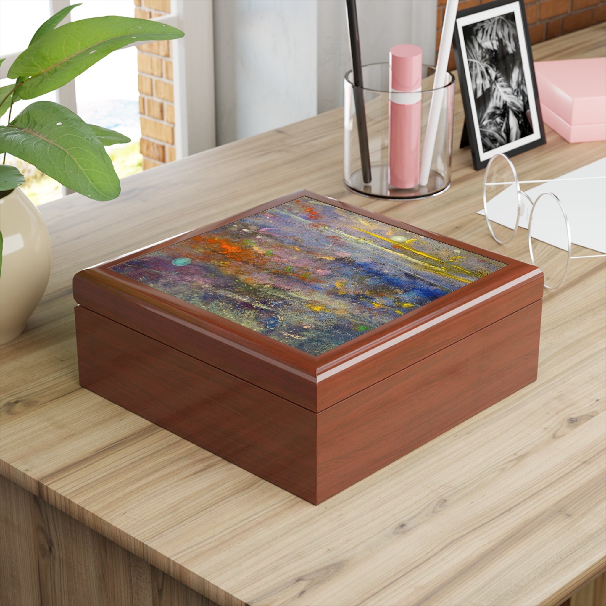 Wooden keepsake box with vibrant abstract art print lid from Caringorms Waterfall collection