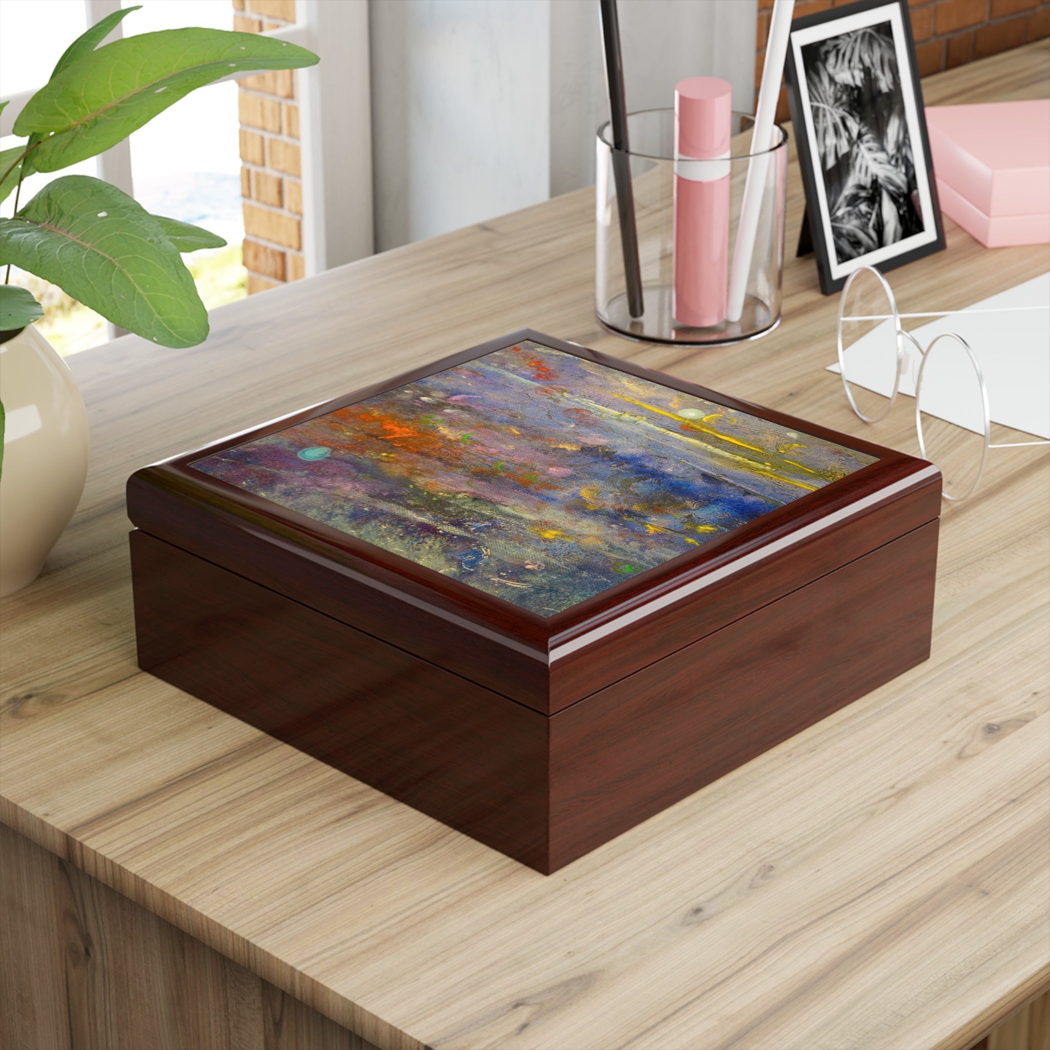 Dark wood jewelry box with colorful abstract art lid from Caringorms Waterfall collection