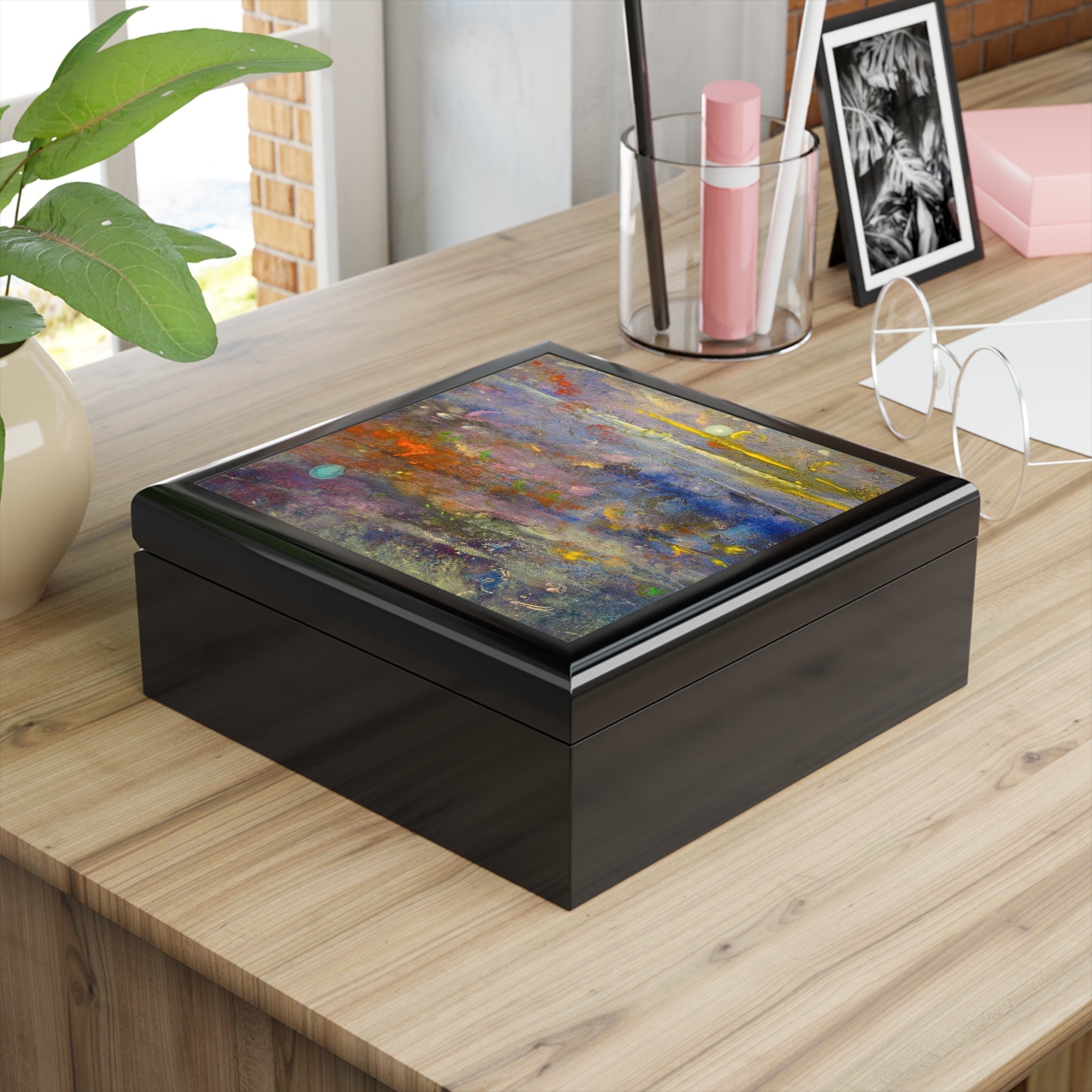 Black wooden keepsake box with abstract art print lid from Caringorms Waterfall collection