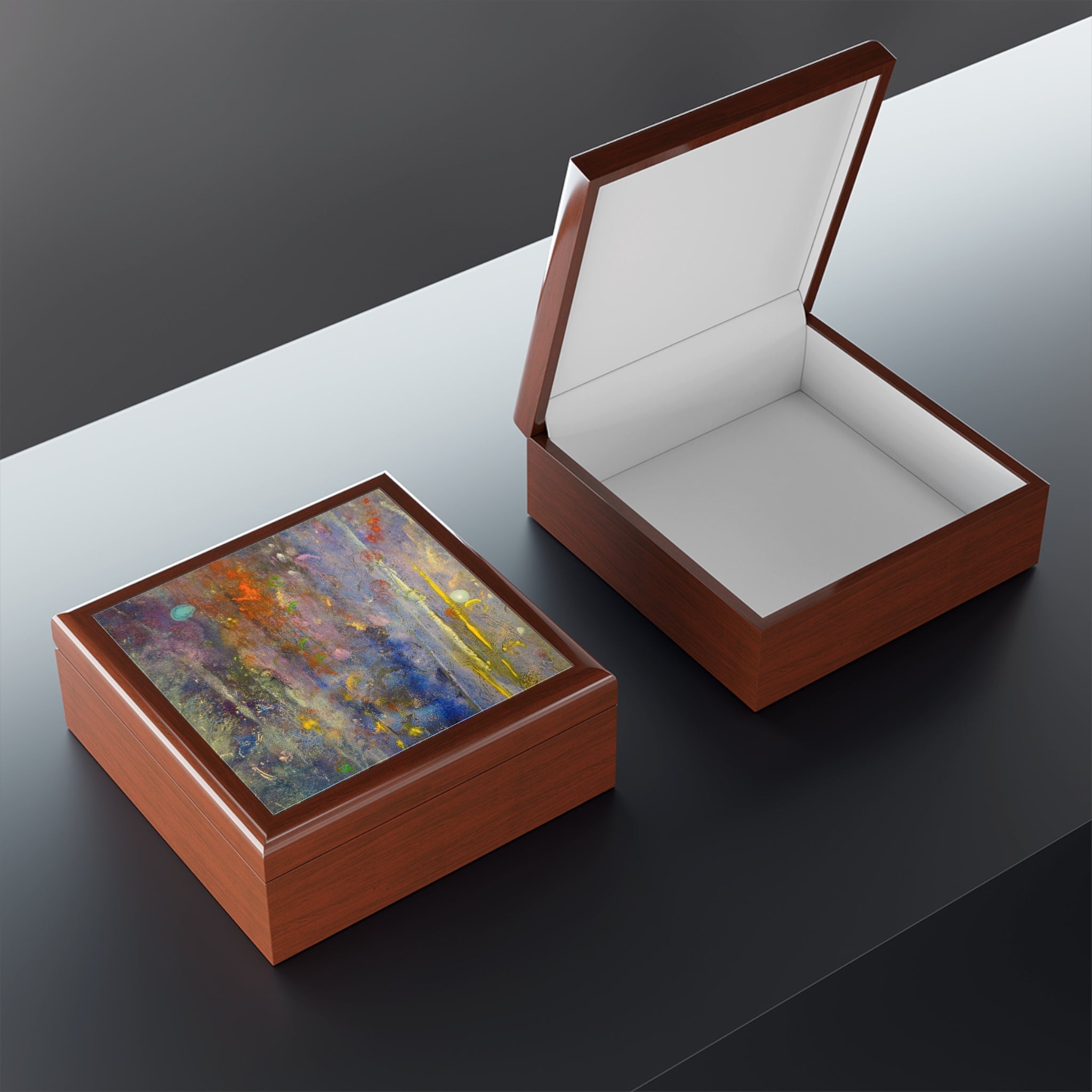 Wooden keepsake boxes with lids, one open and one closed, for Caringorms Waterfall Art Jewellery Box Scotland