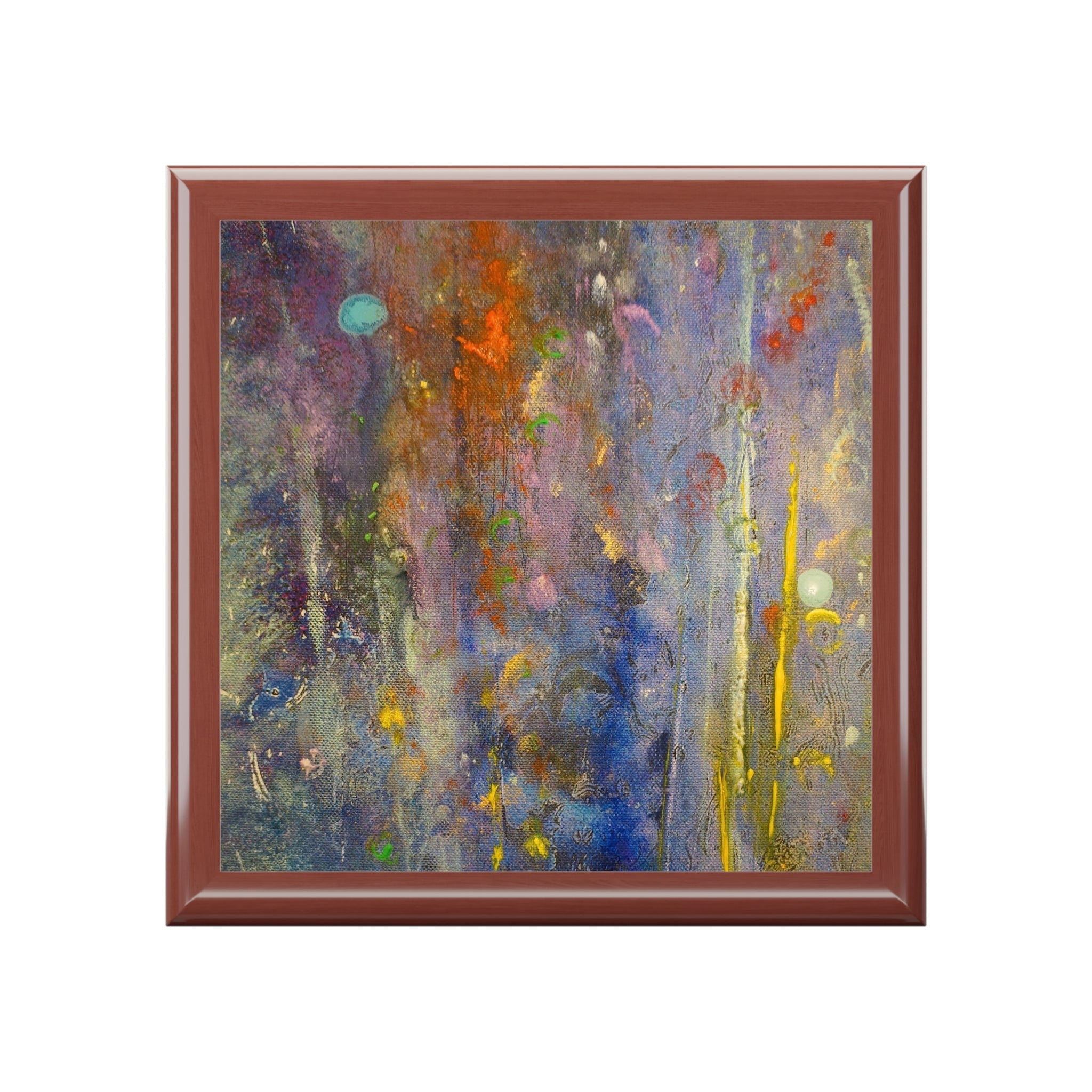 Abstract painting in a dark brown frame from Caringorms Waterfall Art Jewellery Box Scotland
