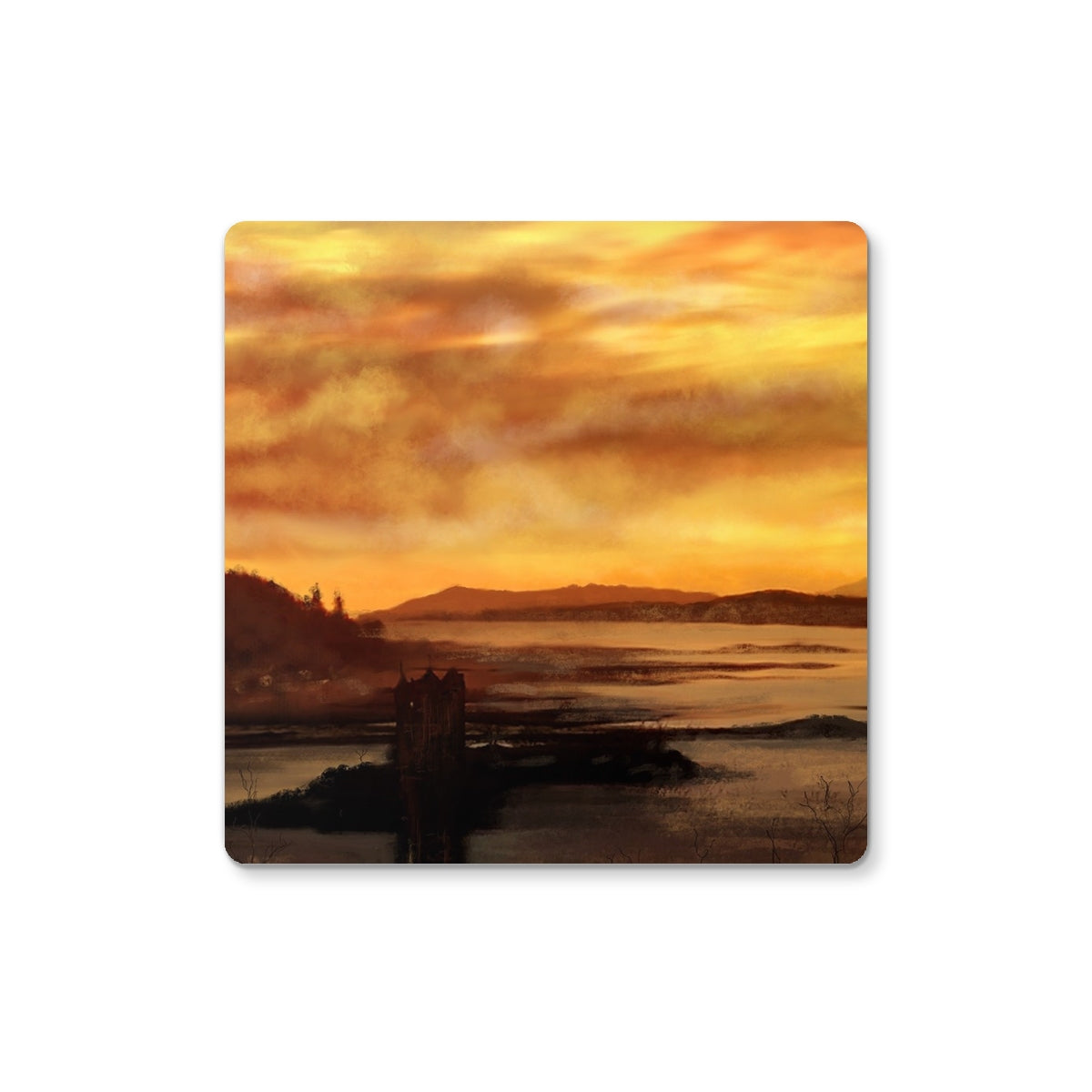 Castle Stalker Dusk Art Gifts Coaster-Coasters-Historic & Iconic Scotland Art Gallery-2 Coasters-Paintings, Prints, Homeware, Art Gifts From Scotland By Scottish Artist Kevin Hunter
