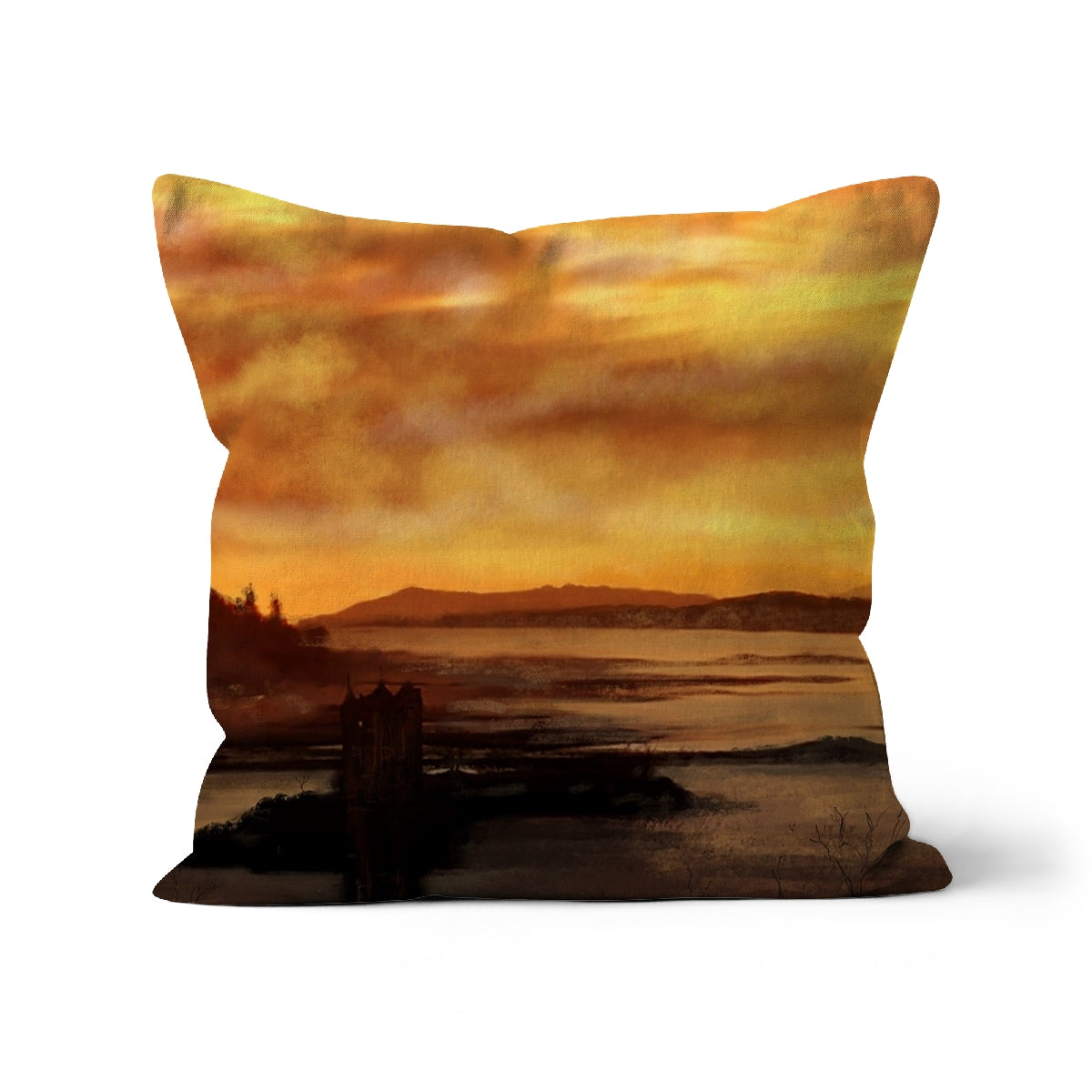 Castle Stalker Dusk Art Gifts Cushion-Cushions-Historic & Iconic Scotland Art Gallery-Linen-24"x24"-Paintings, Prints, Homeware, Art Gifts From Scotland By Scottish Artist Kevin Hunter
