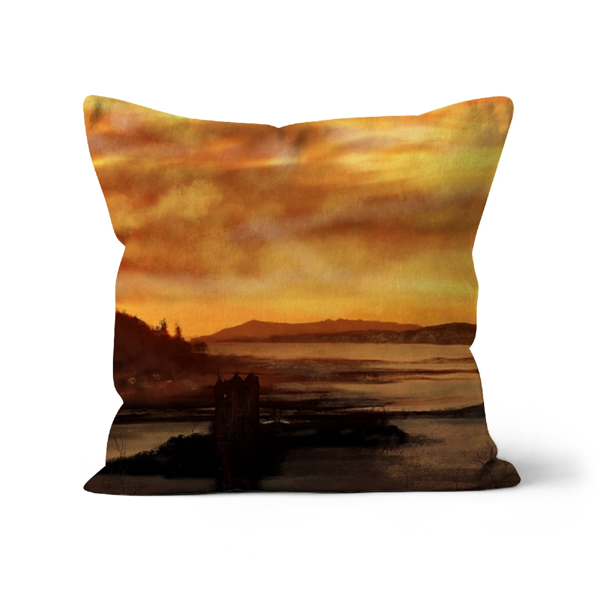 Castle Stalker Dusk Art Gifts Cushion-Cushions-Historic & Iconic Scotland Art Gallery-Canvas-12"x12"-Paintings, Prints, Homeware, Art Gifts From Scotland By Scottish Artist Kevin Hunter