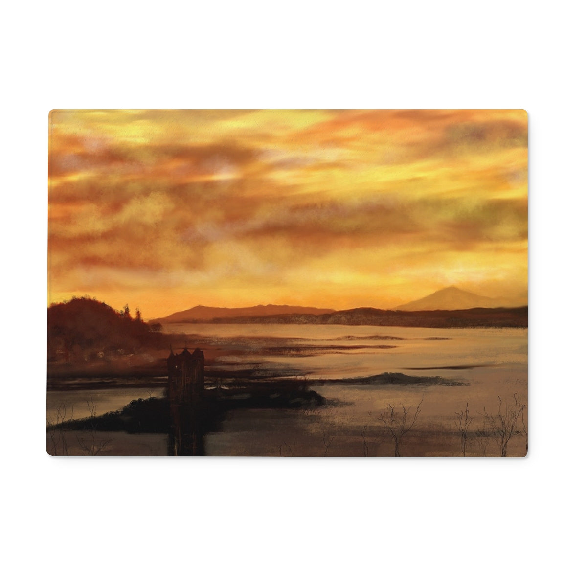 Castle Stalker Dusk Art Gifts Glass Chopping Board-Glass Chopping Boards-Historic & Iconic Scotland Art Gallery-15"x11" Rectangular-Paintings, Prints, Homeware, Art Gifts From Scotland By Scottish Artist Kevin Hunter