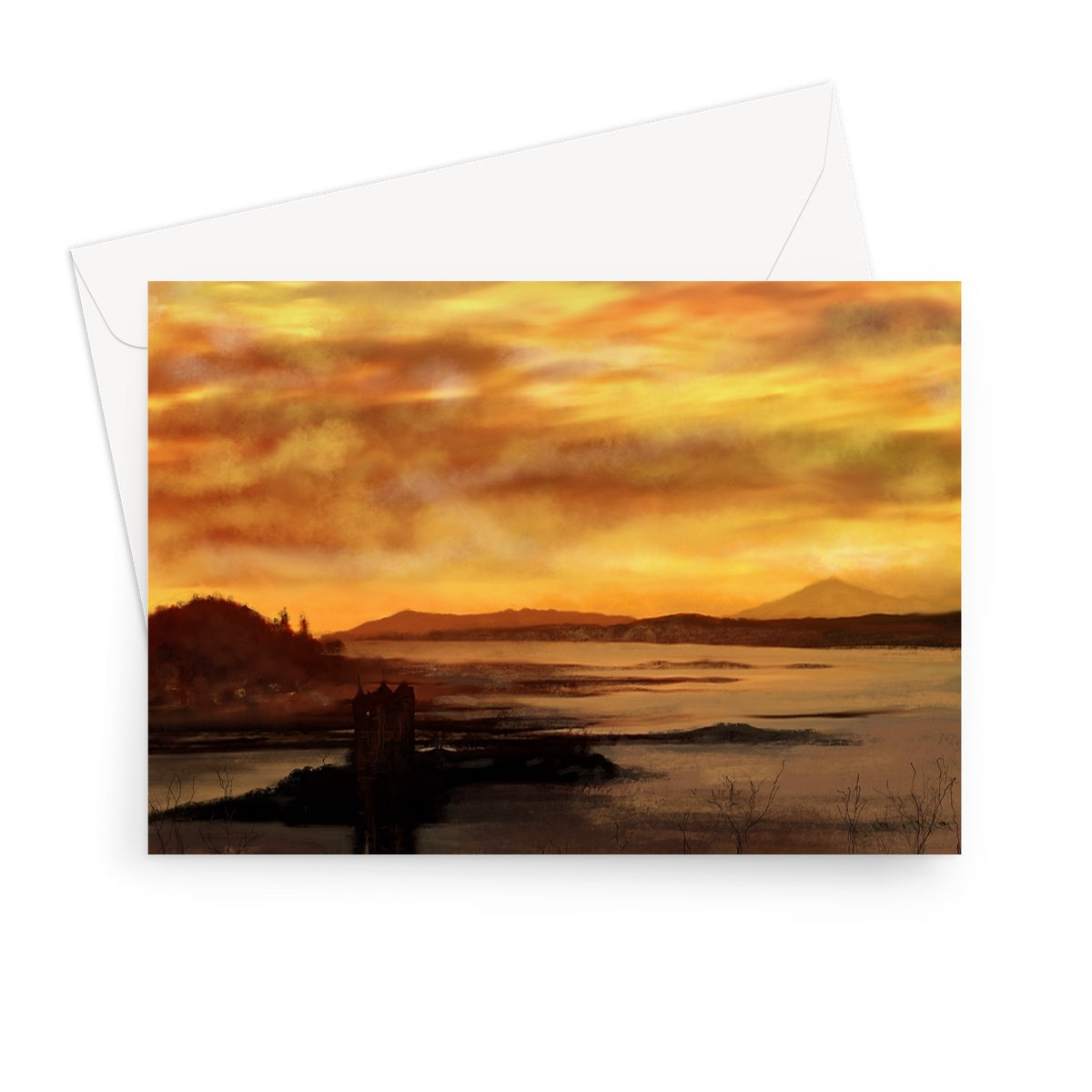 Castle Stalker Dusk Art Gifts Greeting Card-Greetings Cards-Historic & Iconic Scotland Art Gallery-7"x5"-1 Card-Paintings, Prints, Homeware, Art Gifts From Scotland By Scottish Artist Kevin Hunter