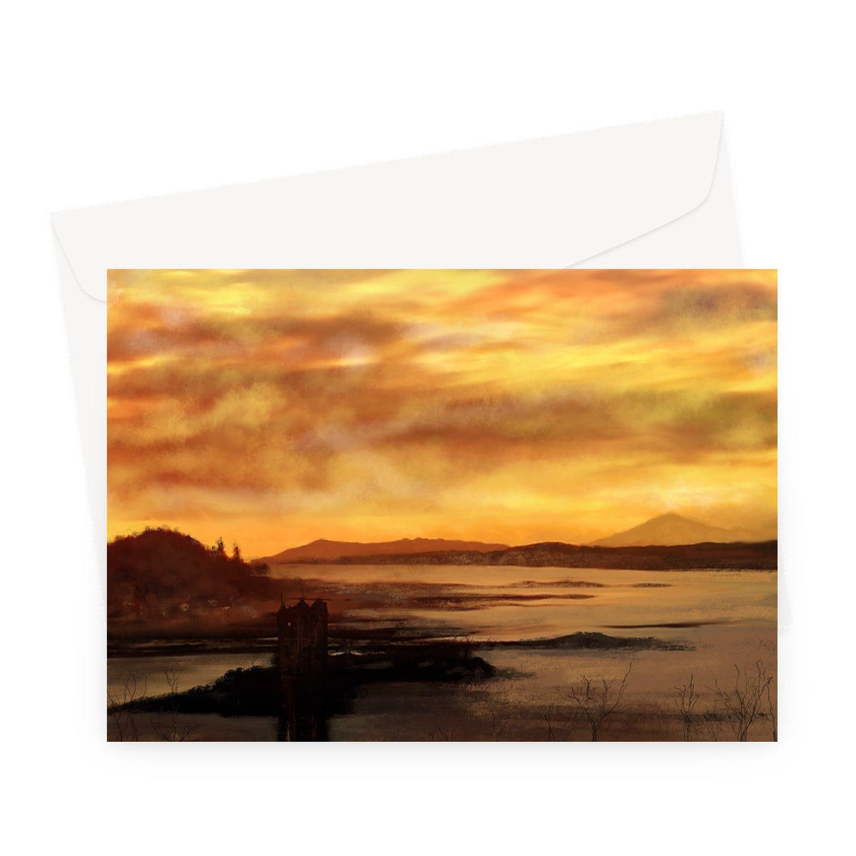 Castle Stalker Dusk Art Gifts Greeting Card-Greetings Cards-Historic & Iconic Scotland Art Gallery-A5 Landscape-10 Cards-Paintings, Prints, Homeware, Art Gifts From Scotland By Scottish Artist Kevin Hunter