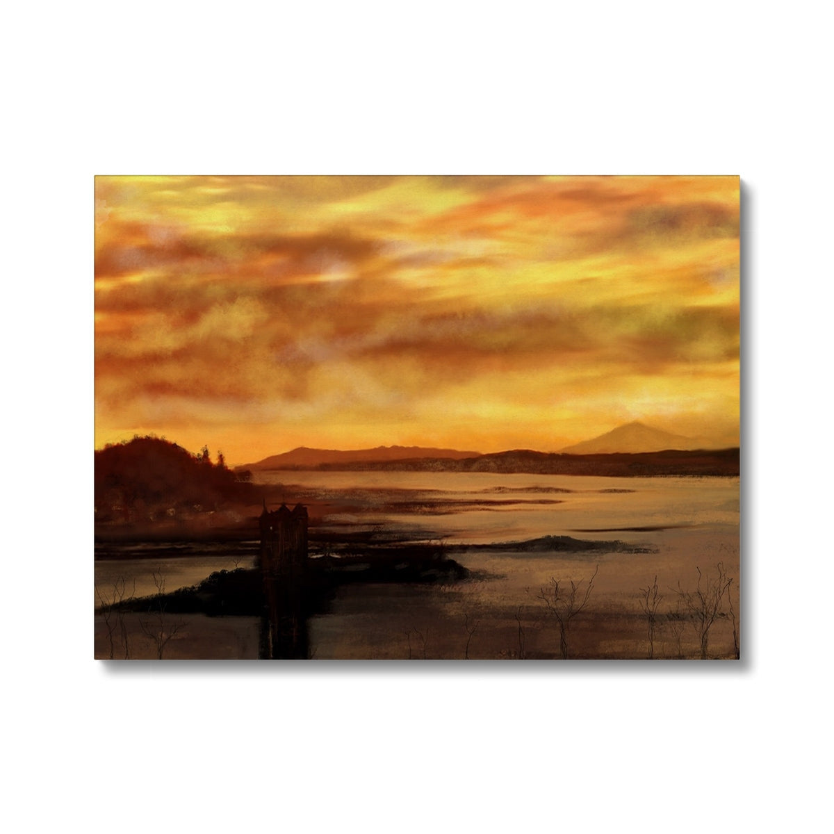 Vivid oil painting of a sunset over water with mountains, titled Castle Stalker Dusk Canvas
