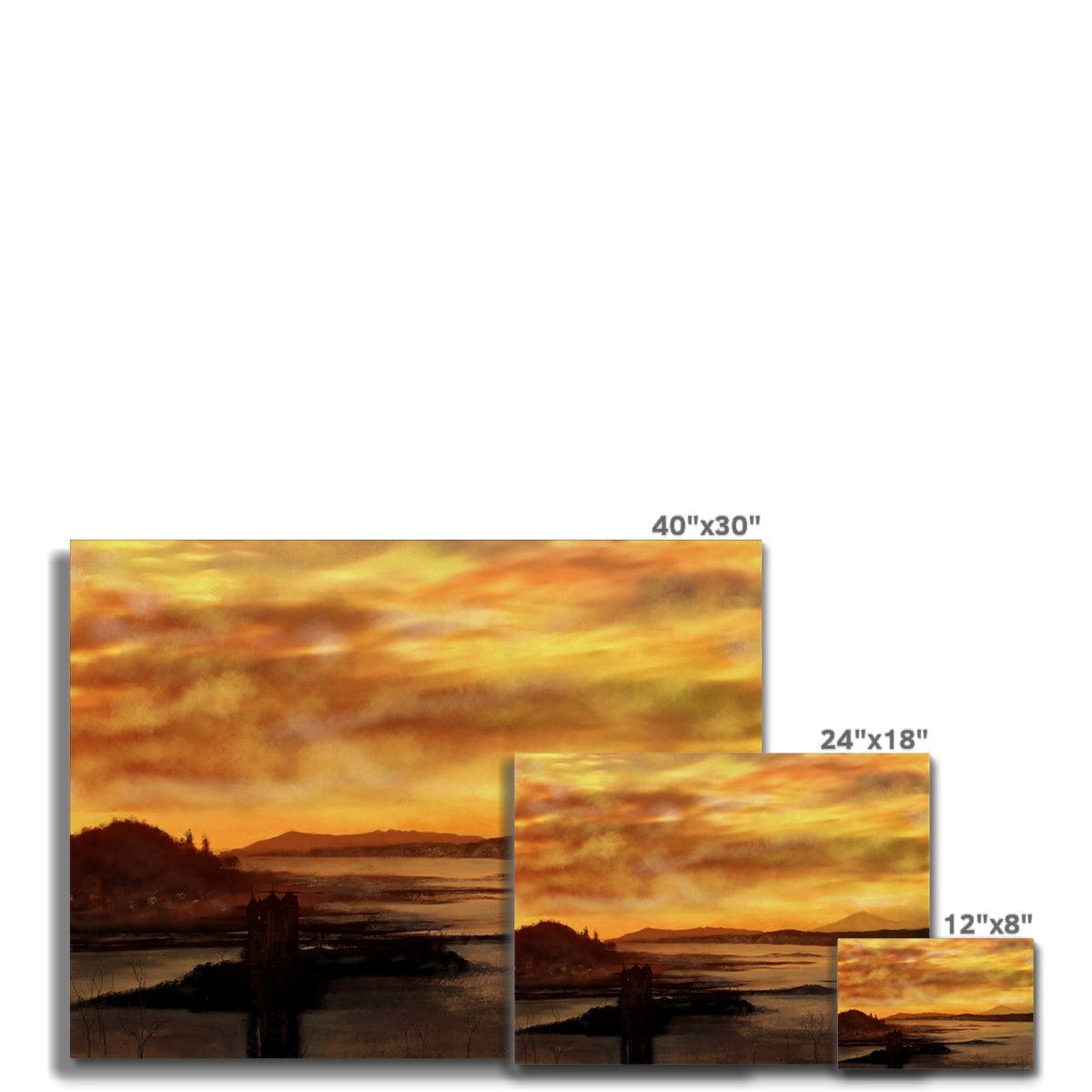 Three Castle Stalker Dusk Canvas prints of sunset over water in varying sizes