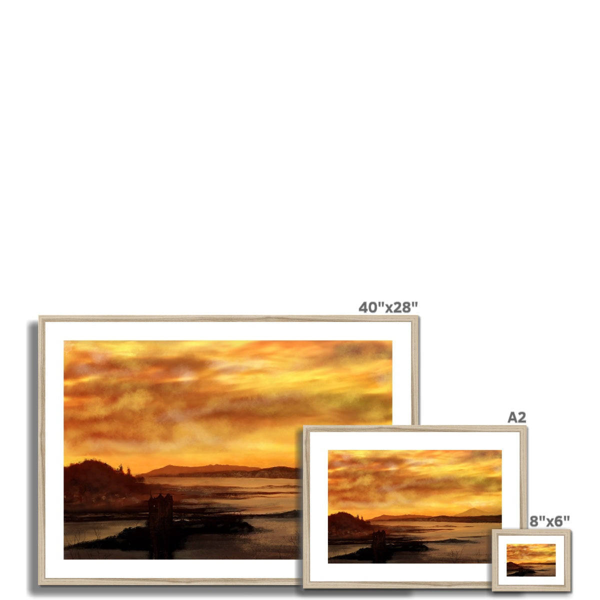 Framed landscape paintings of sunset over water with silhouetted landforms in Castle Stalker Dusk print