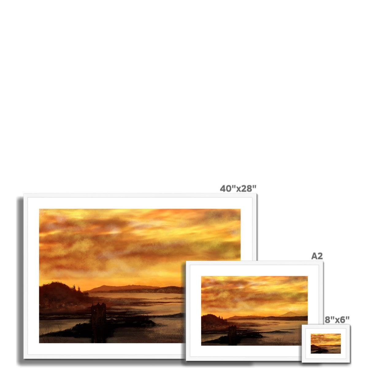 Framed landscape paintings of a sunset over water displayed in Castle Stalker Dusk print