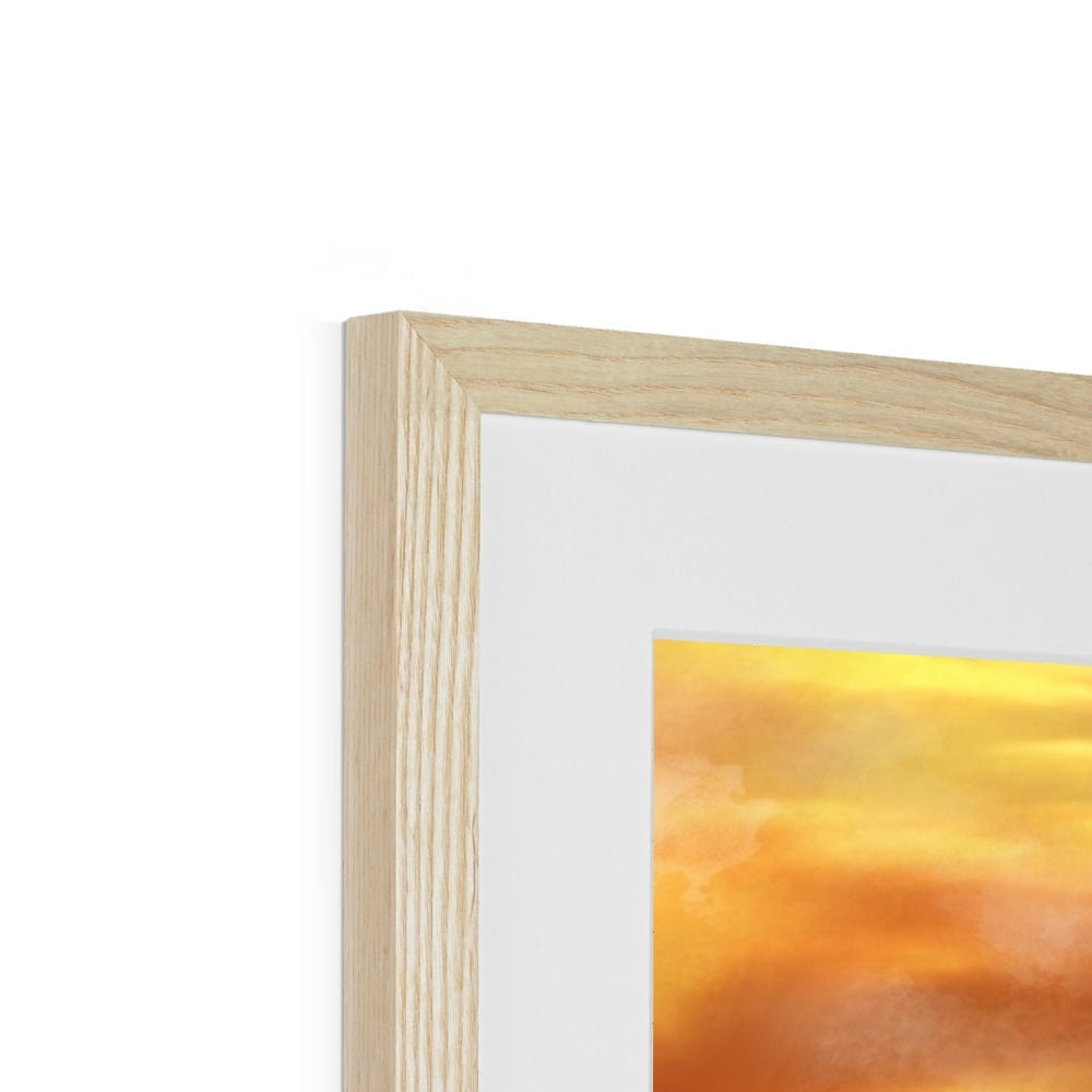 Light-colored wooden frame with white mat displaying vibrant orange and yellow abstract art