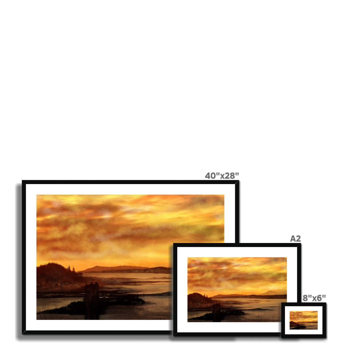 Three framed landscape paintings featuring a sunset over water in the Castle Stalker Dusk print