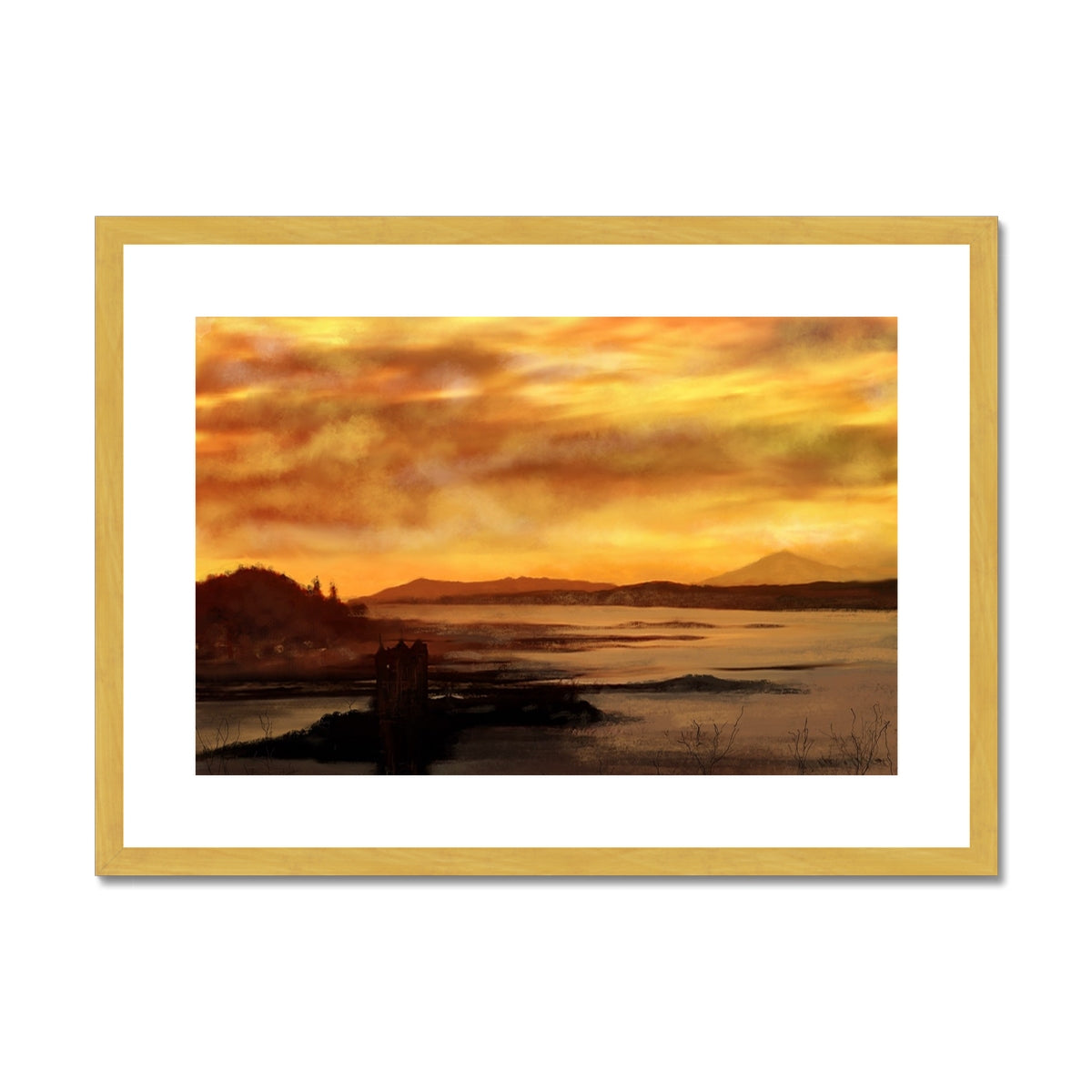 Castle Stalker Dusk Painting | Antique Framed & Mounted Prints From Scotland-Antique Framed & Mounted Prints-Historic & Iconic Scotland Art Gallery-A2 Landscape-Gold Frame-Paintings, Prints, Homeware, Art Gifts From Scotland By Scottish Artist Kevin Hunter