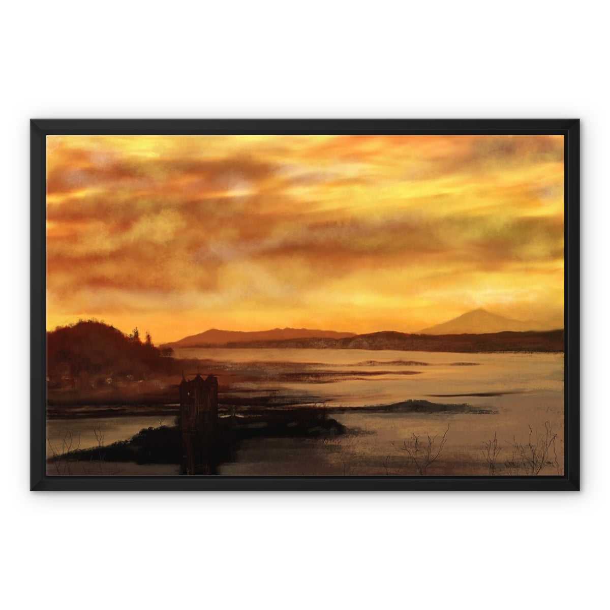 Castle Stalker Dusk Painting | Framed Canvas From Scotland-Floating Framed Canvas Prints-Historic & Iconic Scotland Art Gallery-24"x18"-Paintings, Prints, Homeware, Art Gifts From Scotland By Scottish Artist Kevin Hunter