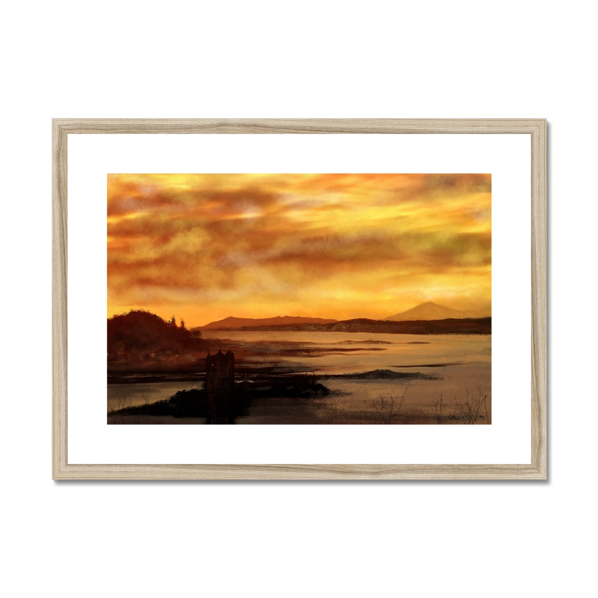 Castle Stalker Dusk Painting | Framed & Mounted Prints From Scotland-Framed & Mounted Prints-Historic & Iconic Scotland Art Gallery-A2 Landscape-Natural Frame-Paintings, Prints, Homeware, Art Gifts From Scotland By Scottish Artist Kevin Hunter