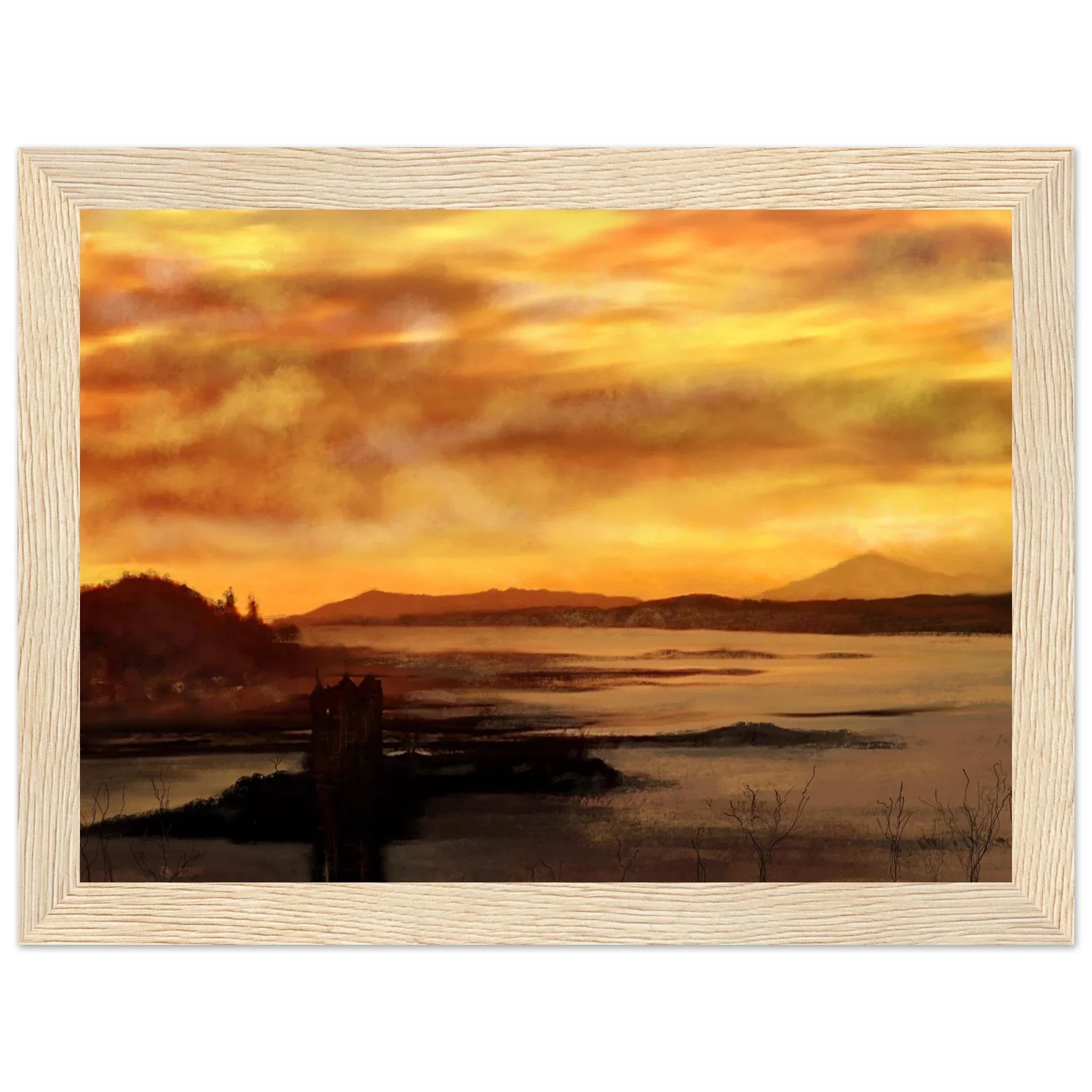 Castle Stalker Dusk print: beige wood frame of sunset over water, orange yellow clouds, Scotland