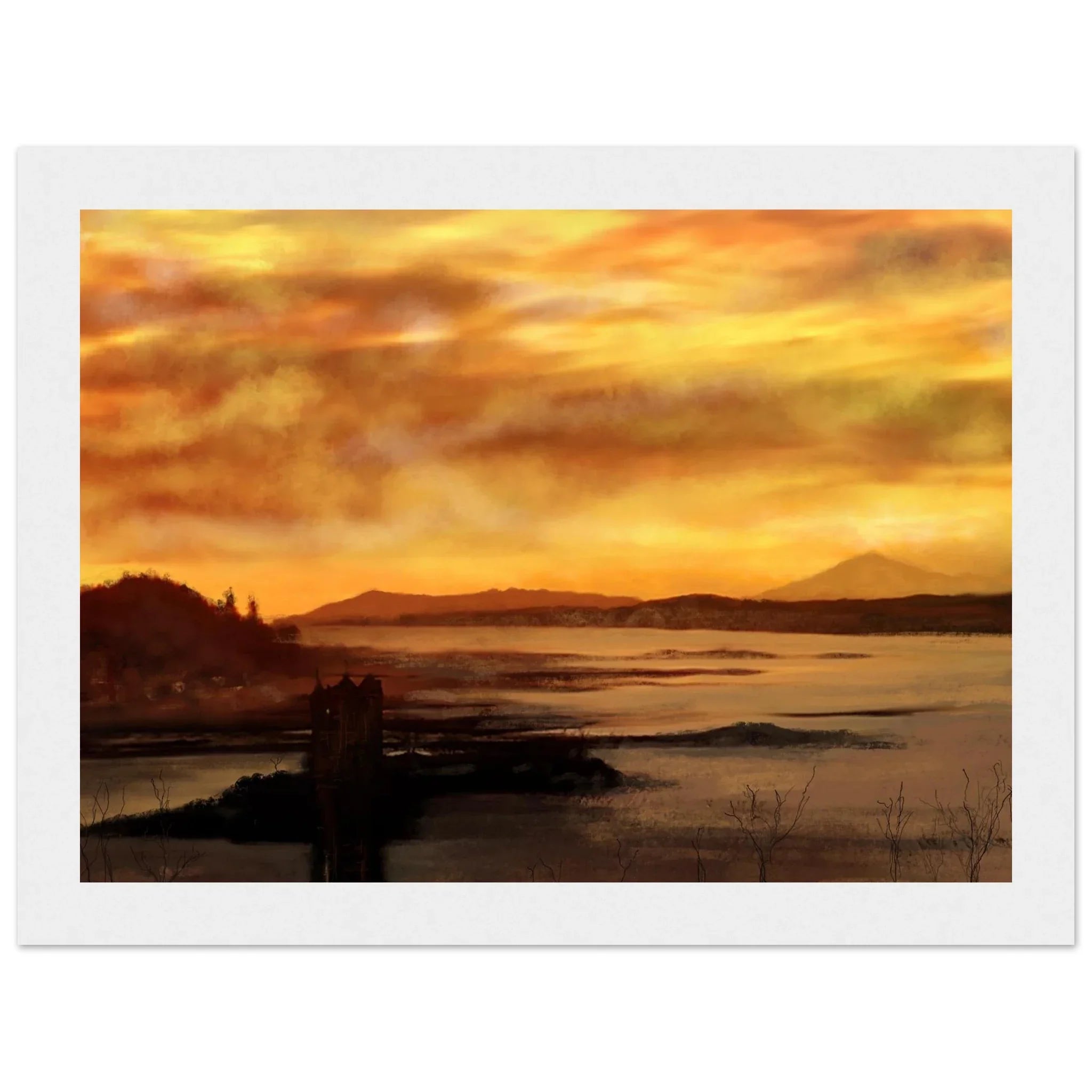 Castle Stalker Dusk framed sunset print with orange clouds over Scottish waters