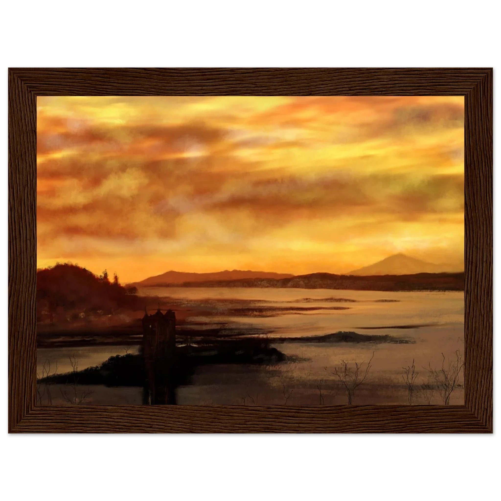 Castle Stalker Dusk painting: serene sunset over Scottish water with silhouetted hills