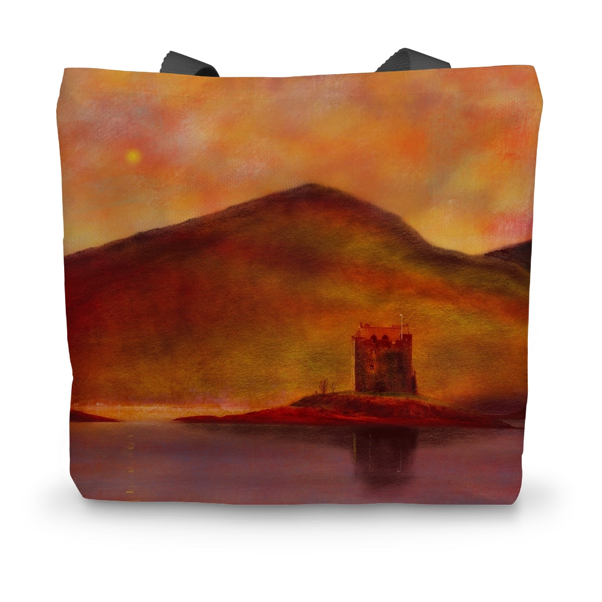 Castle Stalker Sunset Art Gifts Canvas Tote Bag-Bags-Historic & Iconic Scotland Art Gallery-14"x18.5"-Paintings, Prints, Homeware, Art Gifts From Scotland By Scottish Artist Kevin Hunter
