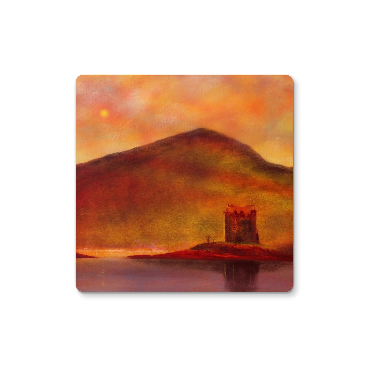 Castle Stalker Sunset Art Gifts Coaster-Coasters-Historic & Iconic Scotland Art Gallery-2 Coasters-Paintings, Prints, Homeware, Art Gifts From Scotland By Scottish Artist Kevin Hunter