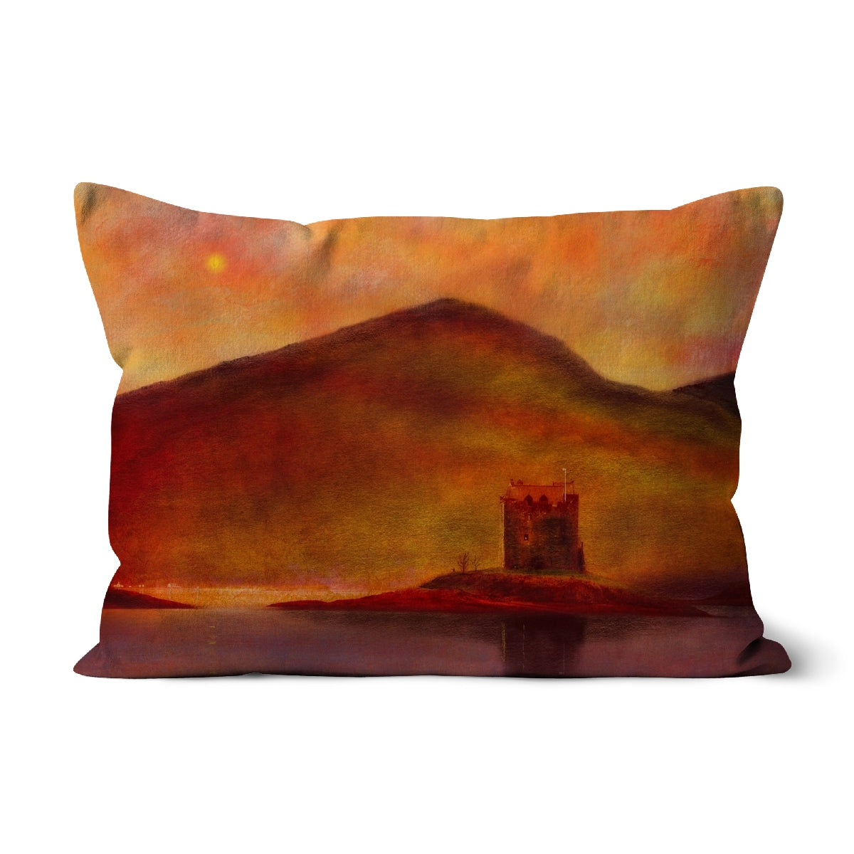 Castle Stalker Sunset Art Gifts Cushion-Cushions-Historic & Iconic Scotland Art Gallery-Linen-19"x13"-Paintings, Prints, Homeware, Art Gifts From Scotland By Scottish Artist Kevin Hunter