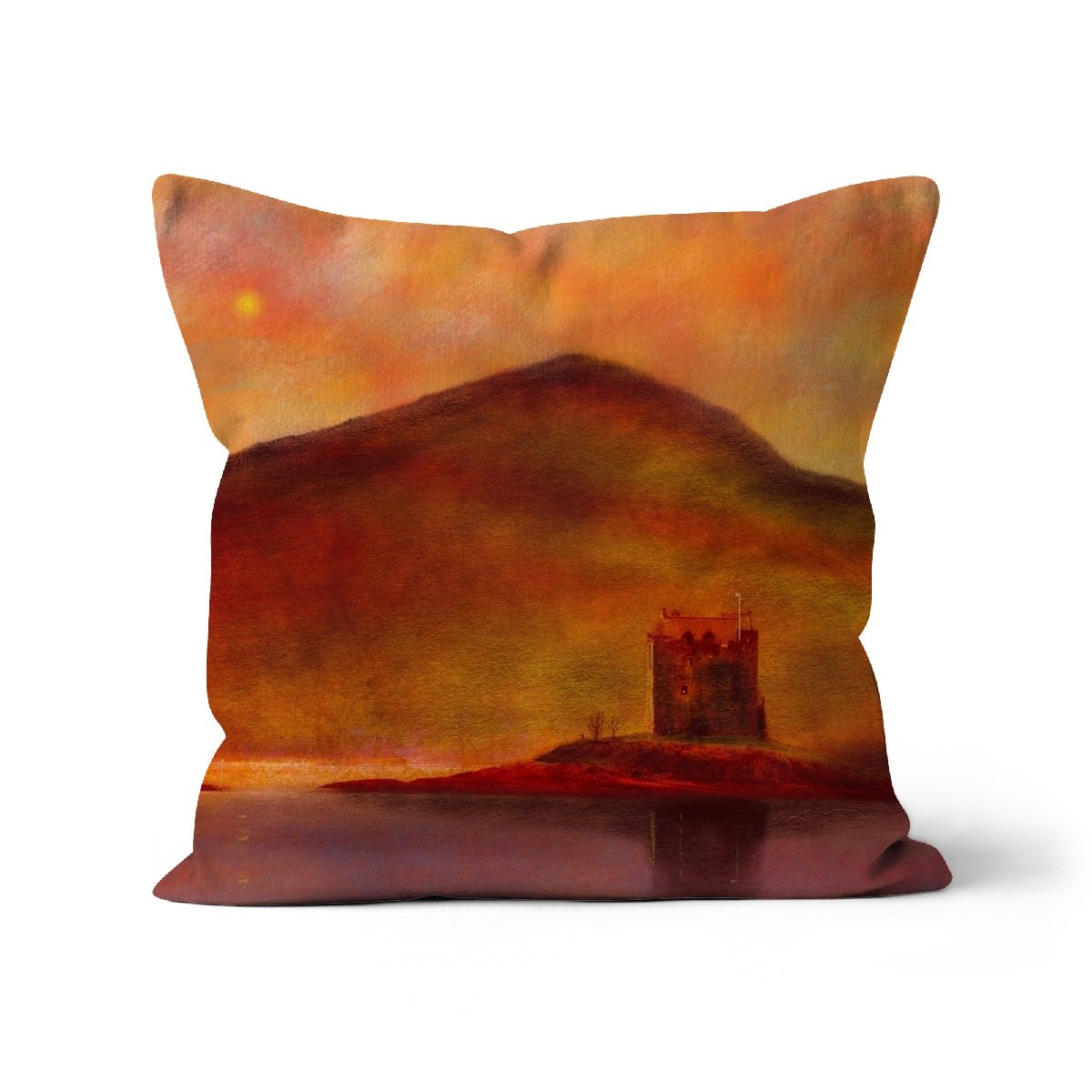 Castle Stalker Sunset Art Gifts Cushion-Cushions-Historic & Iconic Scotland Art Gallery-Linen-22"x22"-Paintings, Prints, Homeware, Art Gifts From Scotland By Scottish Artist Kevin Hunter