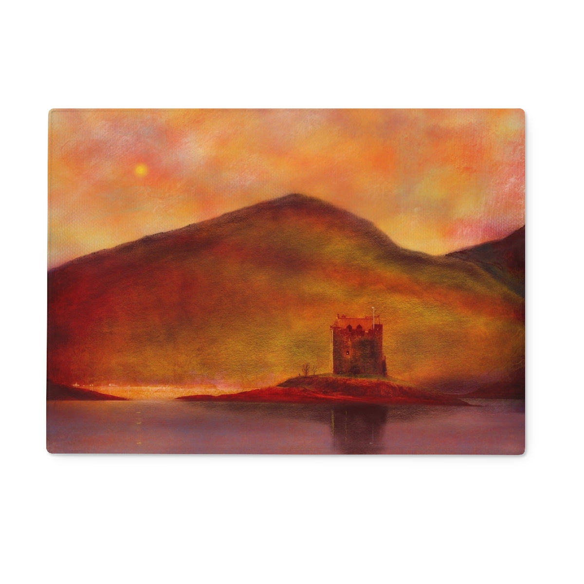 Castle Stalker Sunset Art Gifts Glass Chopping Board-Glass Chopping Boards-Historic & Iconic Scotland Art Gallery-15"x11" Rectangular-Paintings, Prints, Homeware, Art Gifts From Scotland By Scottish Artist Kevin Hunter