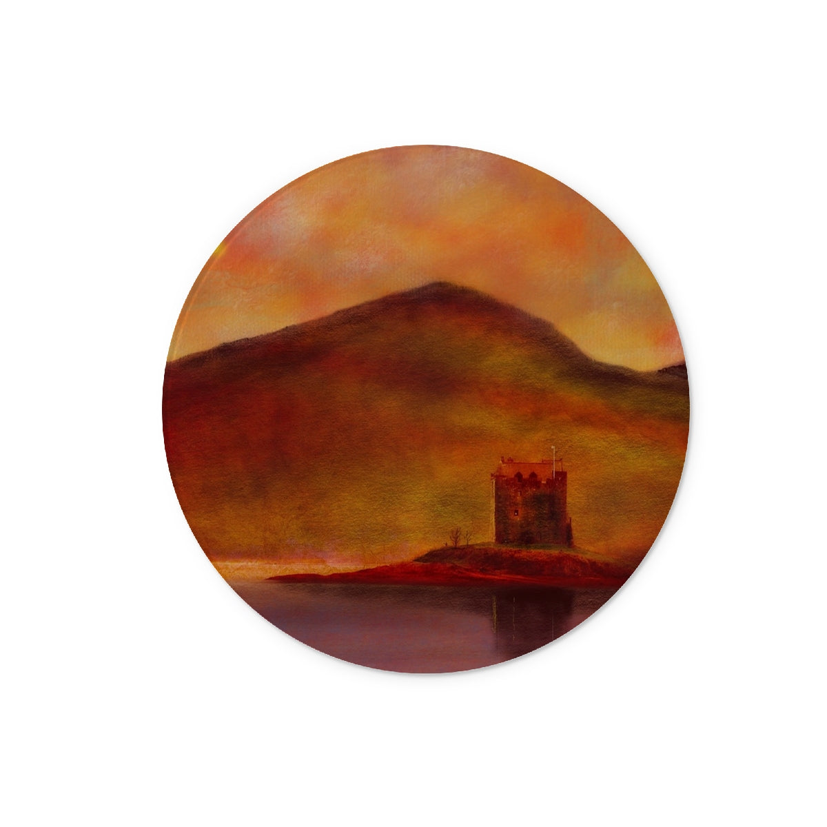 Castle Stalker Sunset Art Gifts Glass Chopping Board | Historic &amp; Iconic Scotland Art Gallery | Paintings, Prints, Homeware and Art Gifts From Scotland By Scottish Artist Kevin Hunter