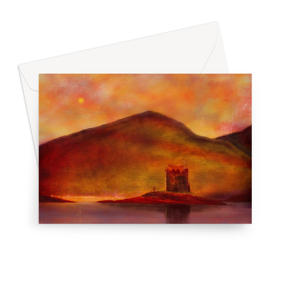 Castle Stalker Sunset Art Gifts Greeting Card-Greetings Cards-Historic & Iconic Scotland Art Gallery-7"x5"-1 Card-Paintings, Prints, Homeware, Art Gifts From Scotland By Scottish Artist Kevin Hunter