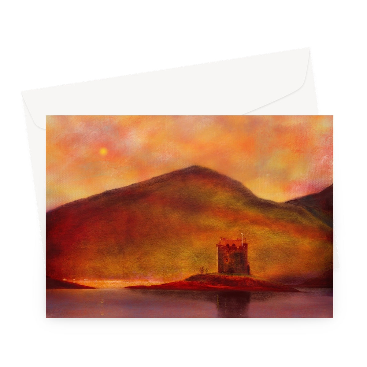 Castle Stalker Sunset Art Gifts Greeting Card-Greetings Cards-Historic & Iconic Scotland Art Gallery-A5 Landscape-10 Cards-Paintings, Prints, Homeware, Art Gifts From Scotland By Scottish Artist Kevin Hunter