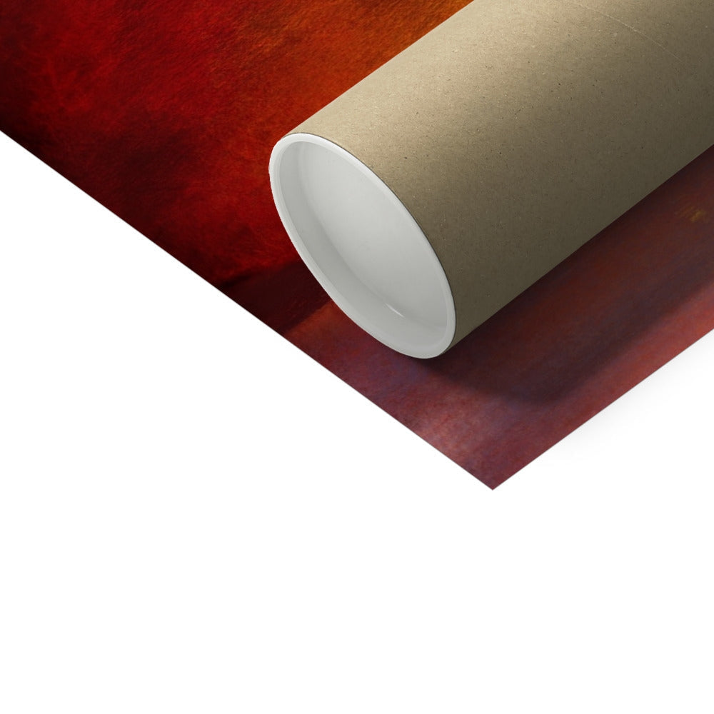 Castle Stalker Sunset print in brown cardboard tube on red background