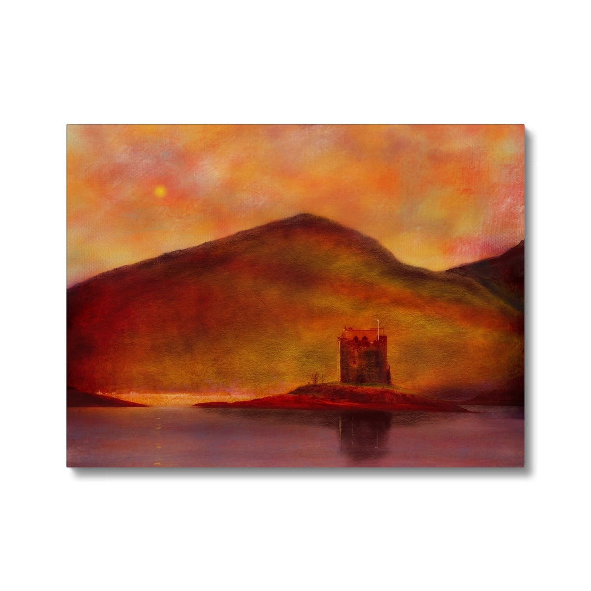 A vibrant, impressionistic painting of a castle by a lake at sunset.