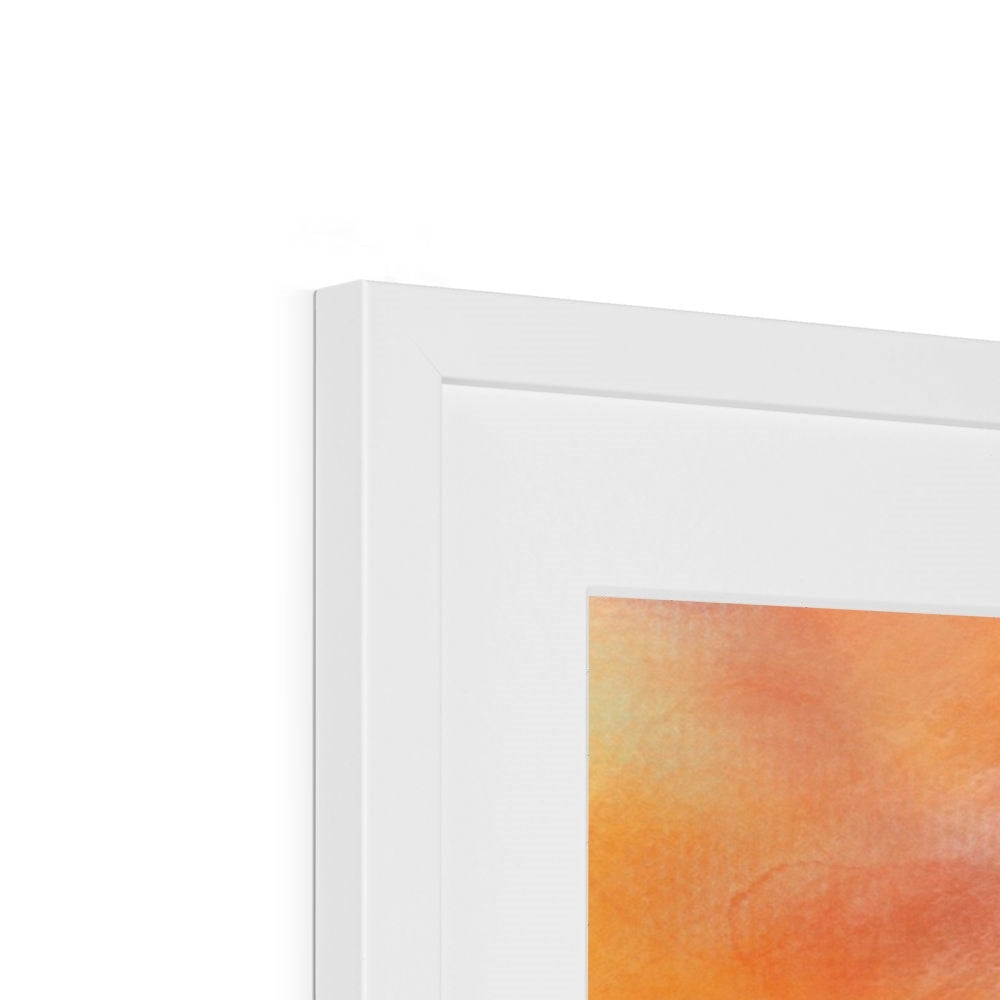 White framed artwork featuring an orange and red abstract painting titled Castle Stalker Sunset Print