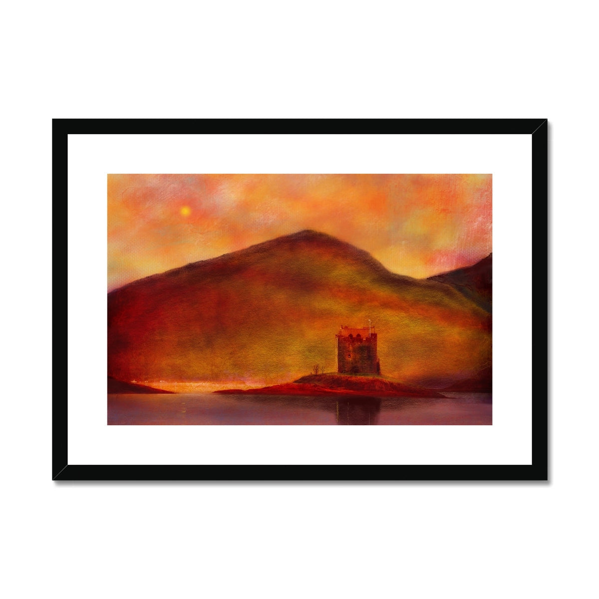Framed landscape painting of mountains, water, and a tower under a fiery sunset sky