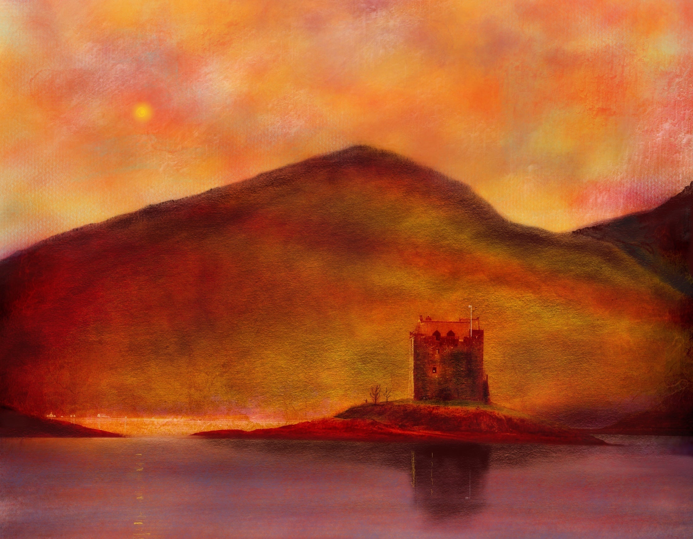 Castle Stalker Sunset Scottish landscape painting of a lone castle tower on a small island