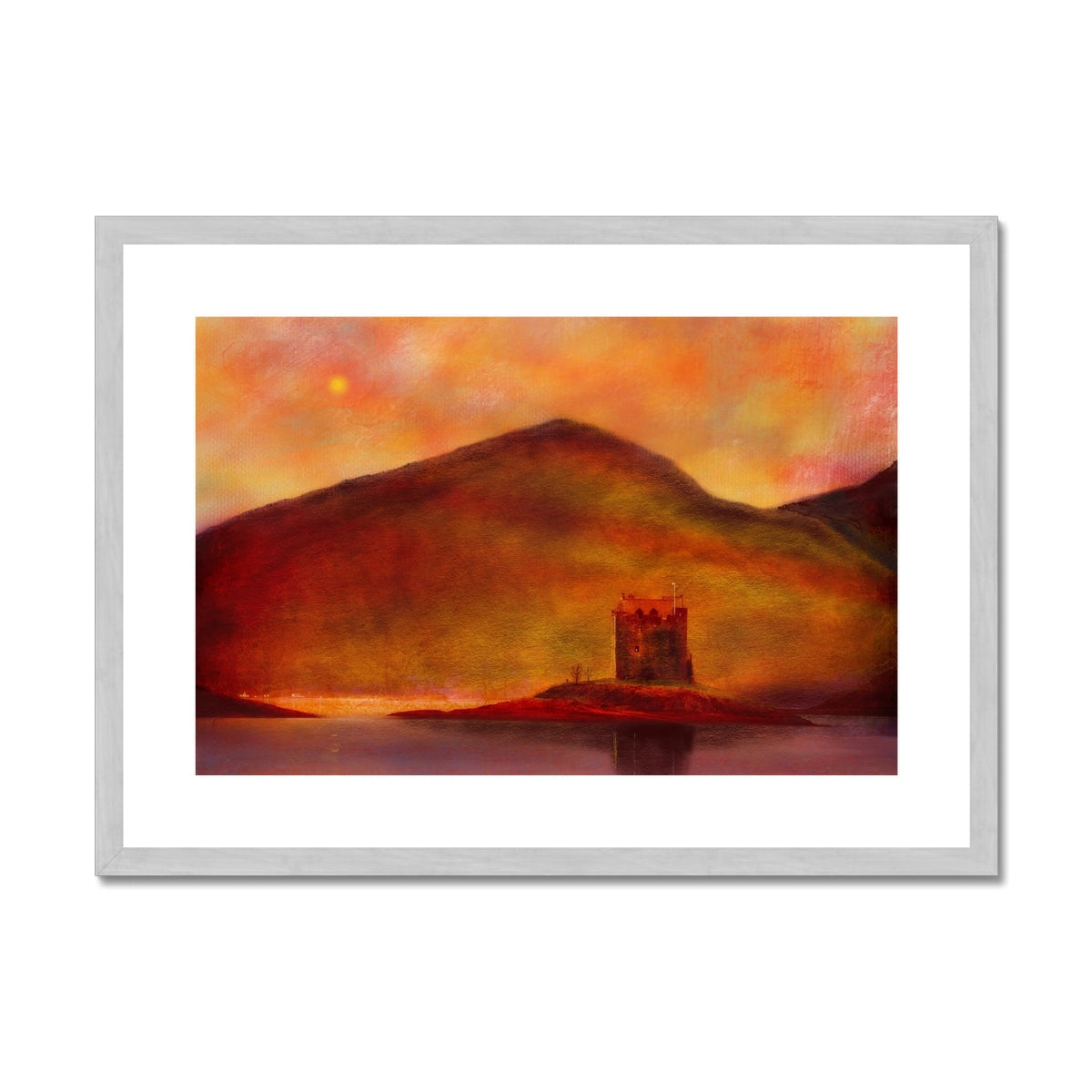 Castle Stalker Sunset Painting | Antique Framed & Mounted Prints From Scotland-Antique Framed & Mounted Prints-Historic & Iconic Scotland Art Gallery-A2 Landscape-Silver Frame-Paintings, Prints, Homeware, Art Gifts From Scotland By Scottish Artist Kevin Hunter