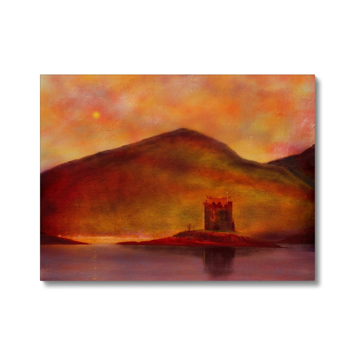 Castle Stalker Sunset Painting | Canvas From Scotland-Contemporary Stretched Canvas Prints-Historic & Iconic Scotland Art Gallery-24"x18"-Paintings, Prints, Homeware, Art Gifts From Scotland By Scottish Artist Kevin Hunter