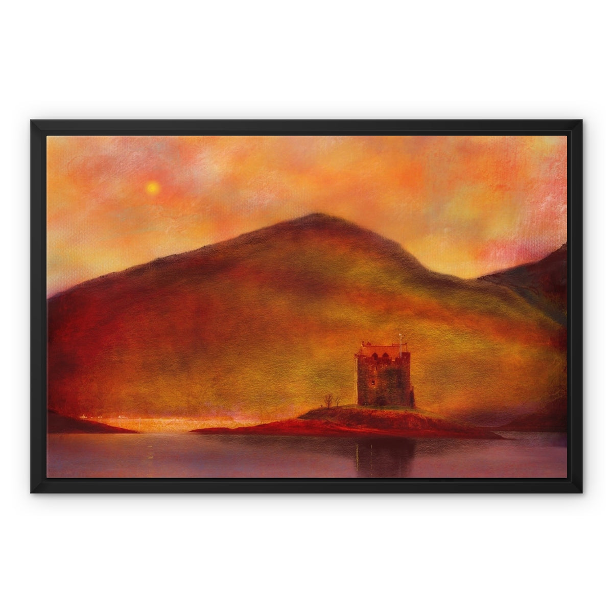 Castle Stalker Sunset Painting | Framed Canvas From Scotland-Floating Framed Canvas Prints-Historic & Iconic Scotland Art Gallery-24"x18"-Paintings, Prints, Homeware, Art Gifts From Scotland By Scottish Artist Kevin Hunter