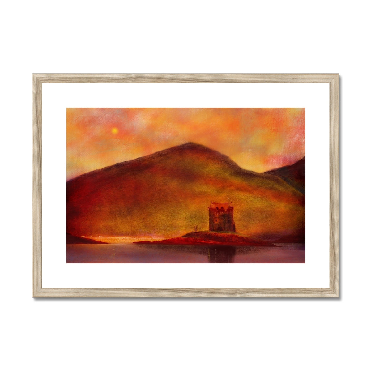 Castle Stalker Sunset Painting | Framed & Mounted Prints From Scotland-Framed & Mounted Prints-Historic & Iconic Scotland Art Gallery-A2 Landscape-Natural Frame-Paintings, Prints, Homeware, Art Gifts From Scotland By Scottish Artist Kevin Hunter