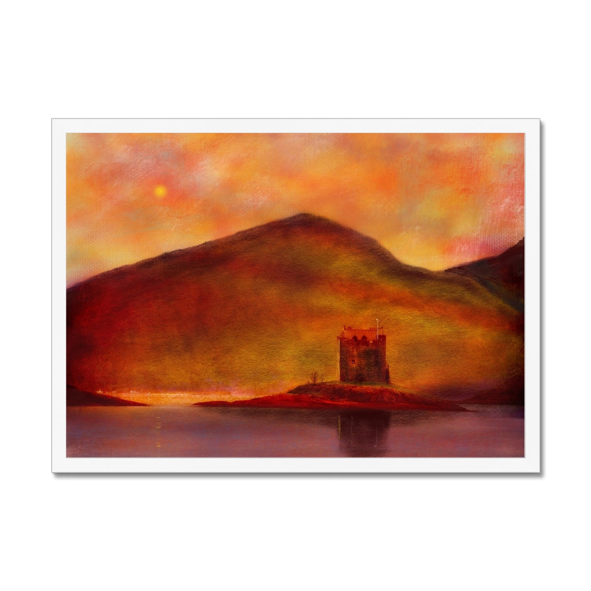 Castle Stalker Sunset Painting | Framed Prints From Scotland-Framed Prints-Historic & Iconic Scotland Art Gallery-A2 Landscape-White Frame-Paintings, Prints, Homeware, Art Gifts From Scotland By Scottish Artist Kevin Hunter