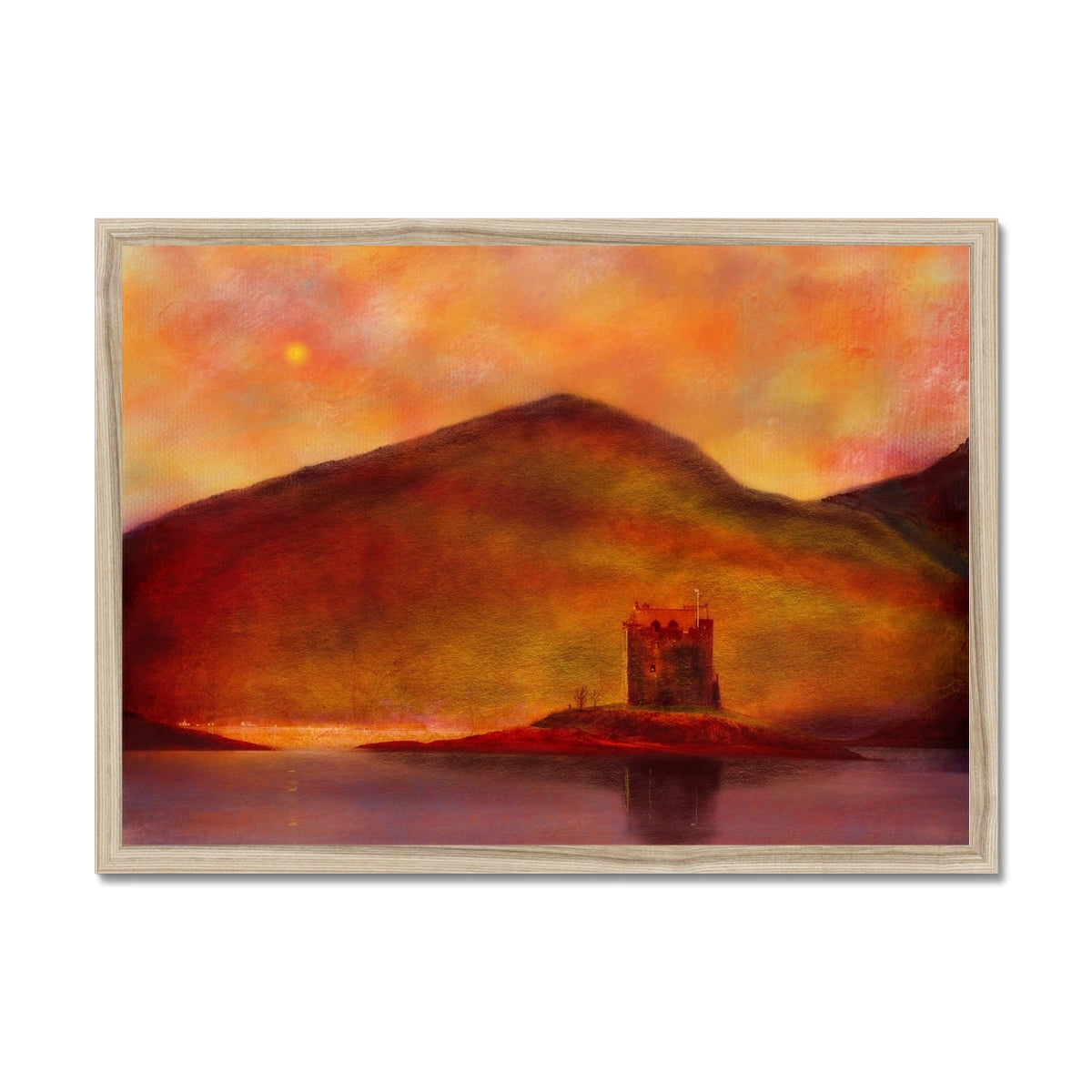 Castle Stalker Sunset Painting | Framed Prints From Scotland-Framed Prints-Historic & Iconic Scotland Art Gallery-A2 Landscape-Natural Frame-Paintings, Prints, Homeware, Art Gifts From Scotland By Scottish Artist Kevin Hunter