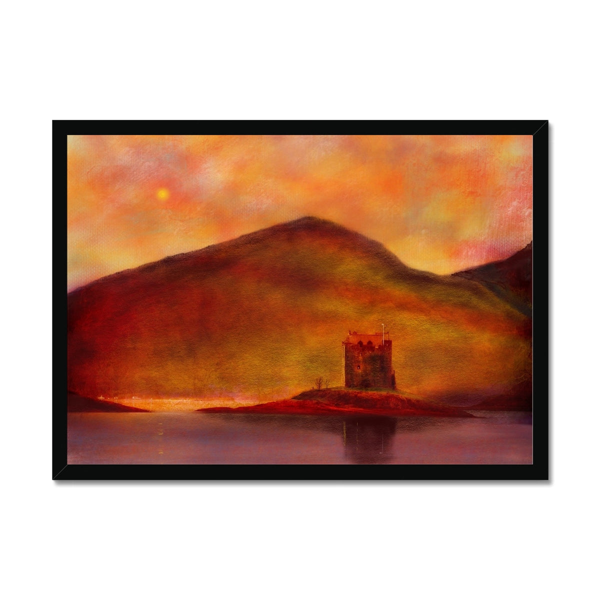 Castle Stalker Sunset Painting | Framed Prints From Scotland-Framed Prints-Historic & Iconic Scotland Art Gallery-A2 Landscape-Black Frame-Paintings, Prints, Homeware, Art Gifts From Scotland By Scottish Artist Kevin Hunter