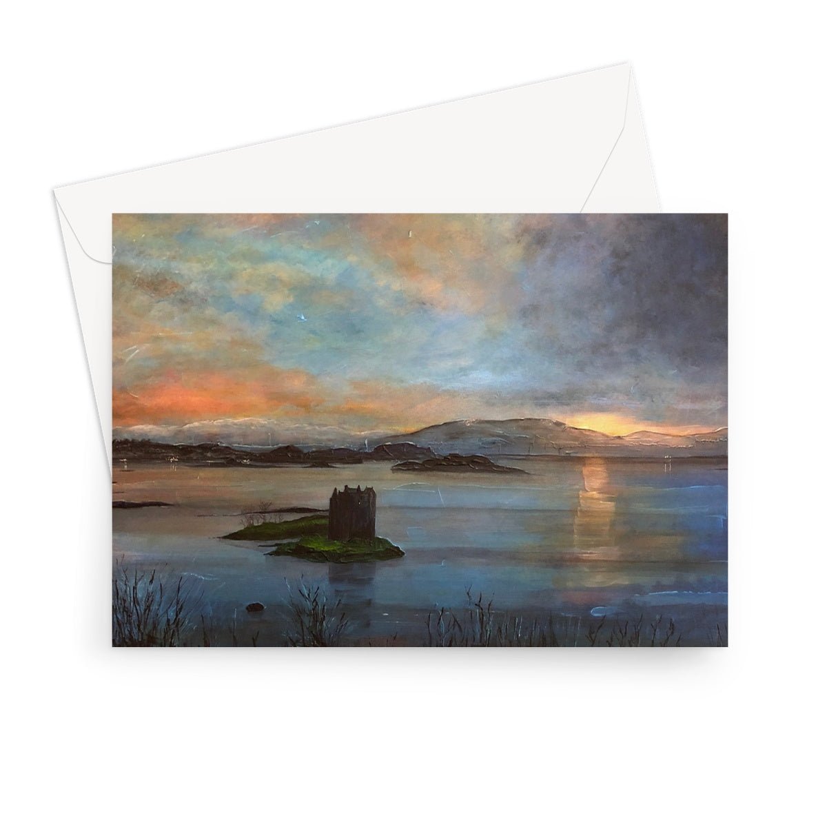 Castle Stalker Twilight Art Gifts Greeting Card-Greetings Cards-Historic & Iconic Scotland Art Gallery-7"x5"-1 Card-Paintings, Prints, Homeware, Art Gifts From Scotland By Scottish Artist Kevin Hunter