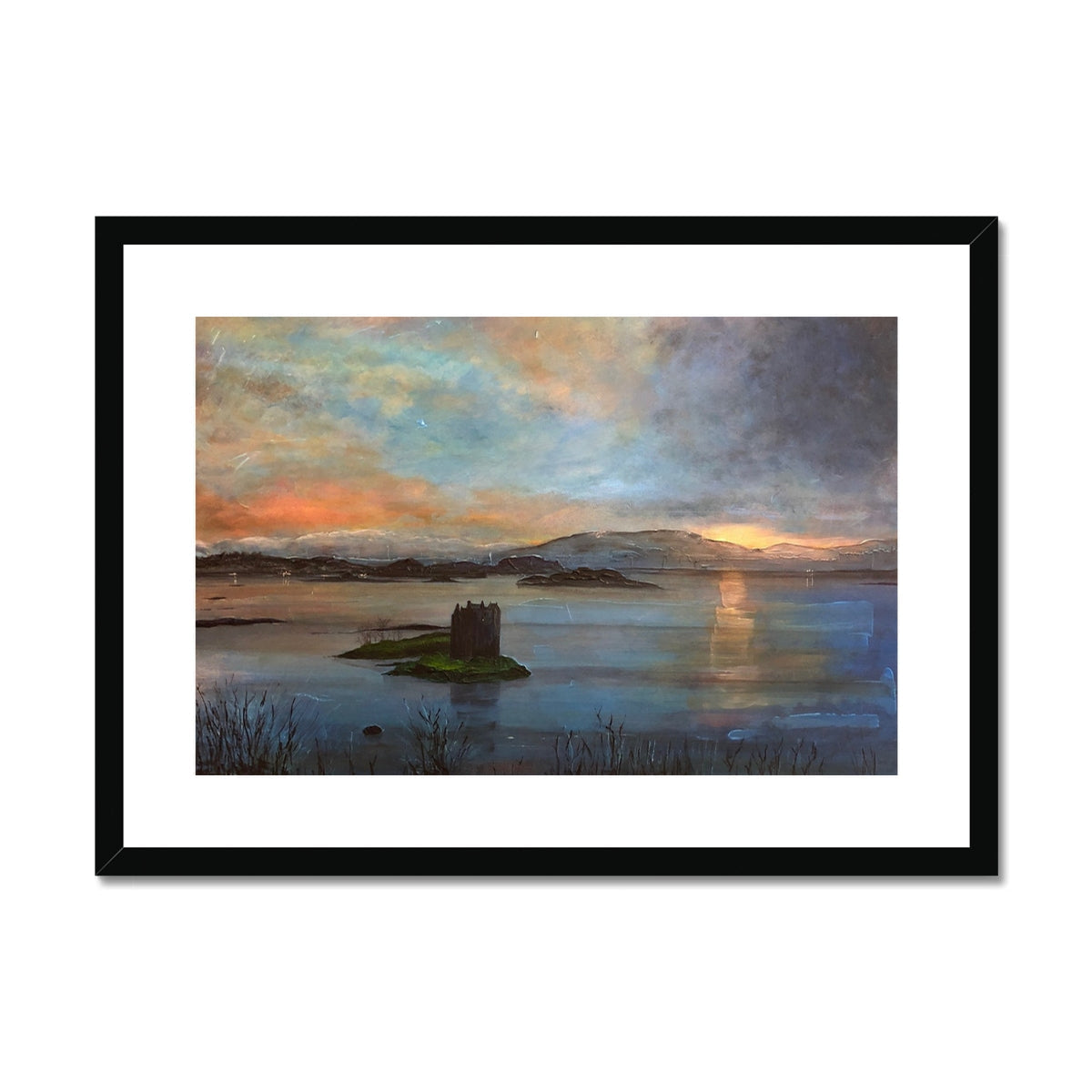 Castle Stalker Twilight art print with black frame, sunset sky, and water reflection