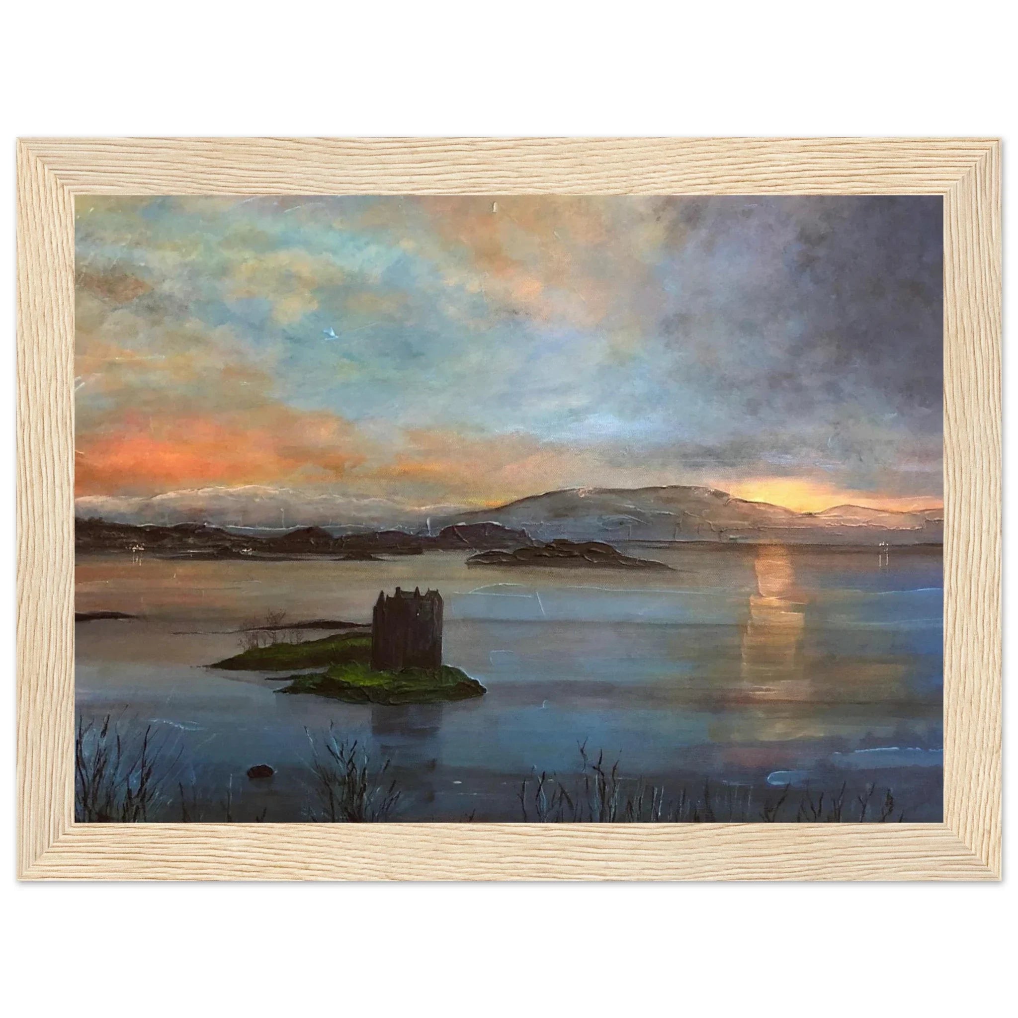 Castle Stalker Twilight oil painting in light wood frame