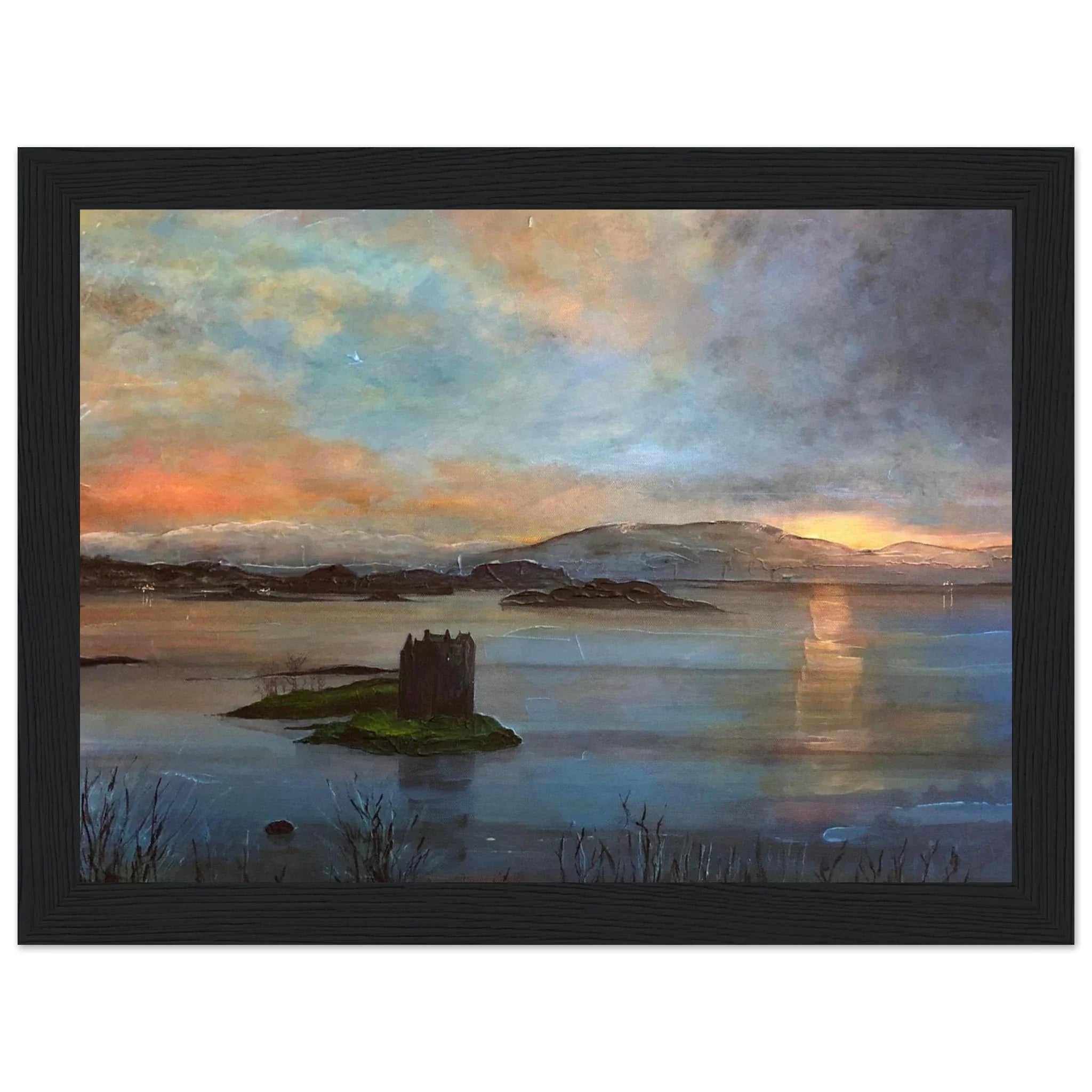 Castle Stalker at twilight: black-framed painting of island castle at sunset with orange and blue hues reflecting in water