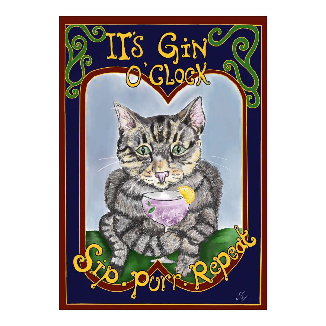 Whimsical illustration of a tabby cat holding a purple gin cocktail with lemon slice in ornate frame