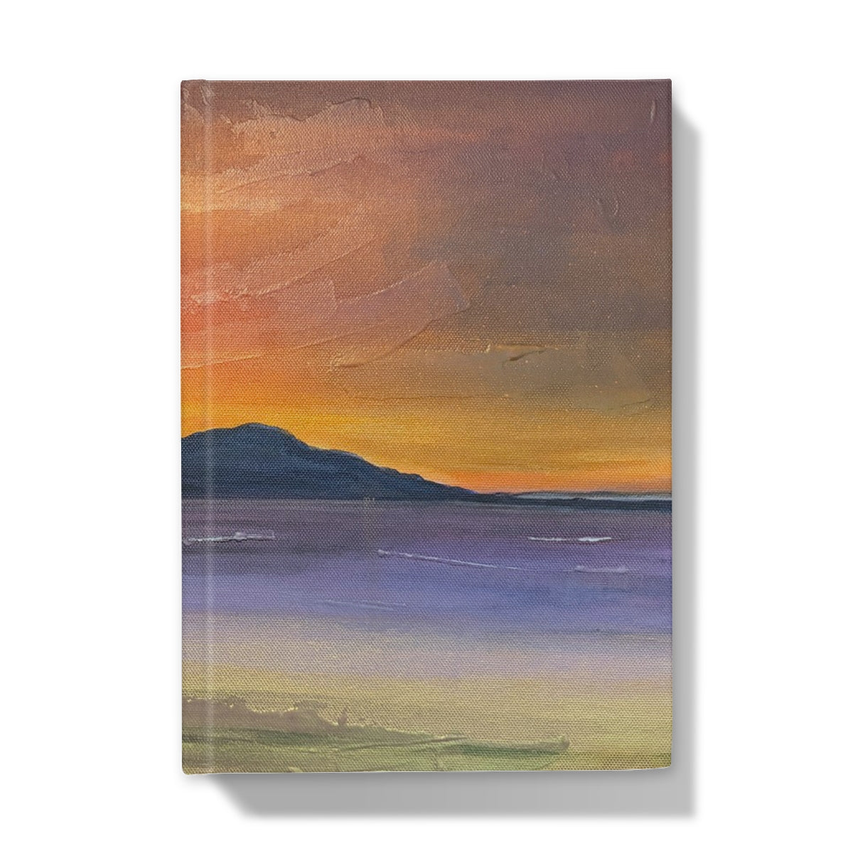 Arran embers hardback journal with textured canvas cover featuring an impressionistic sunset in warm tones